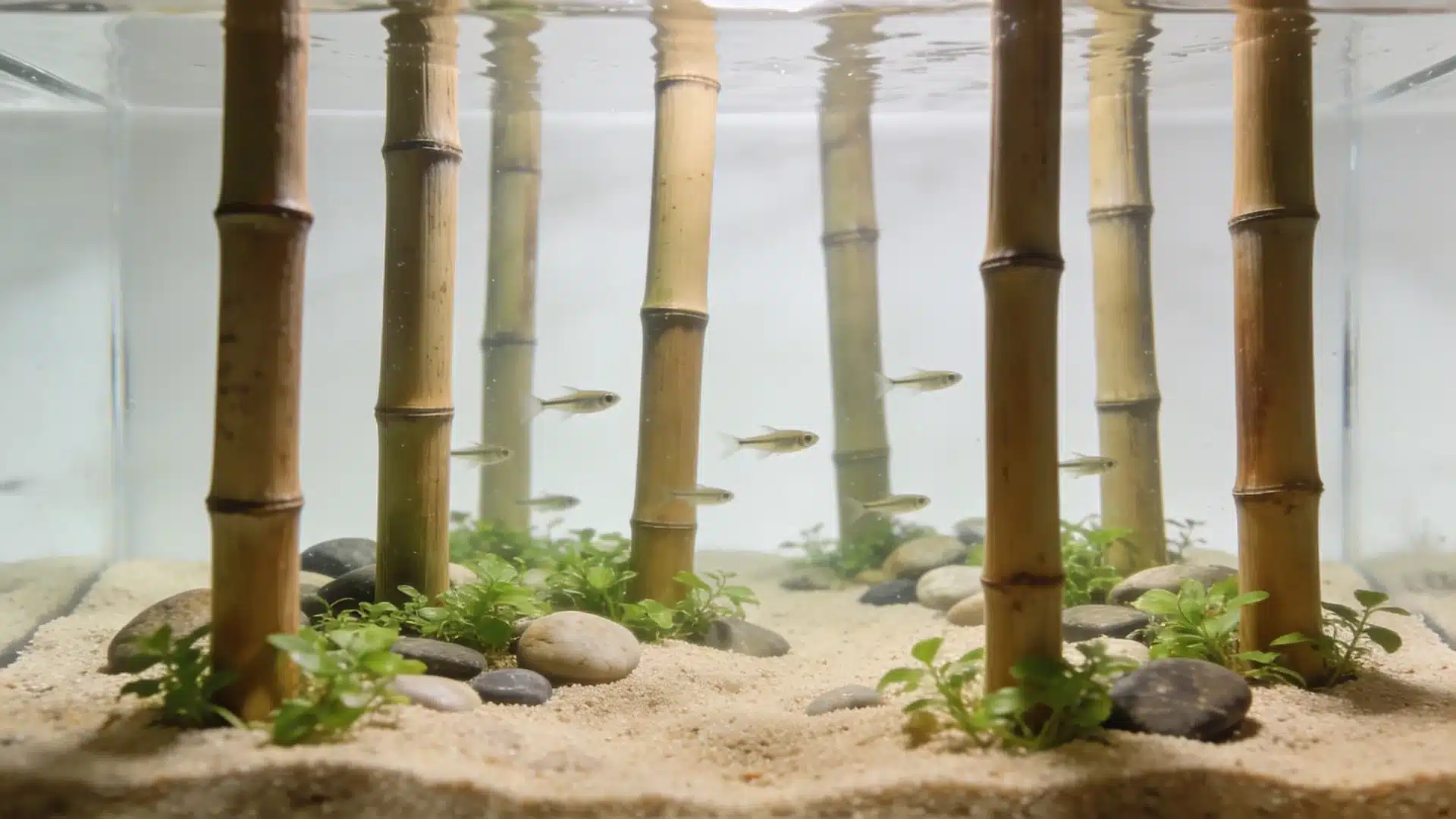 Flooded bamboo forest fish tank with sandy substrate, smooth pebbles, green plants, and small fish swimming