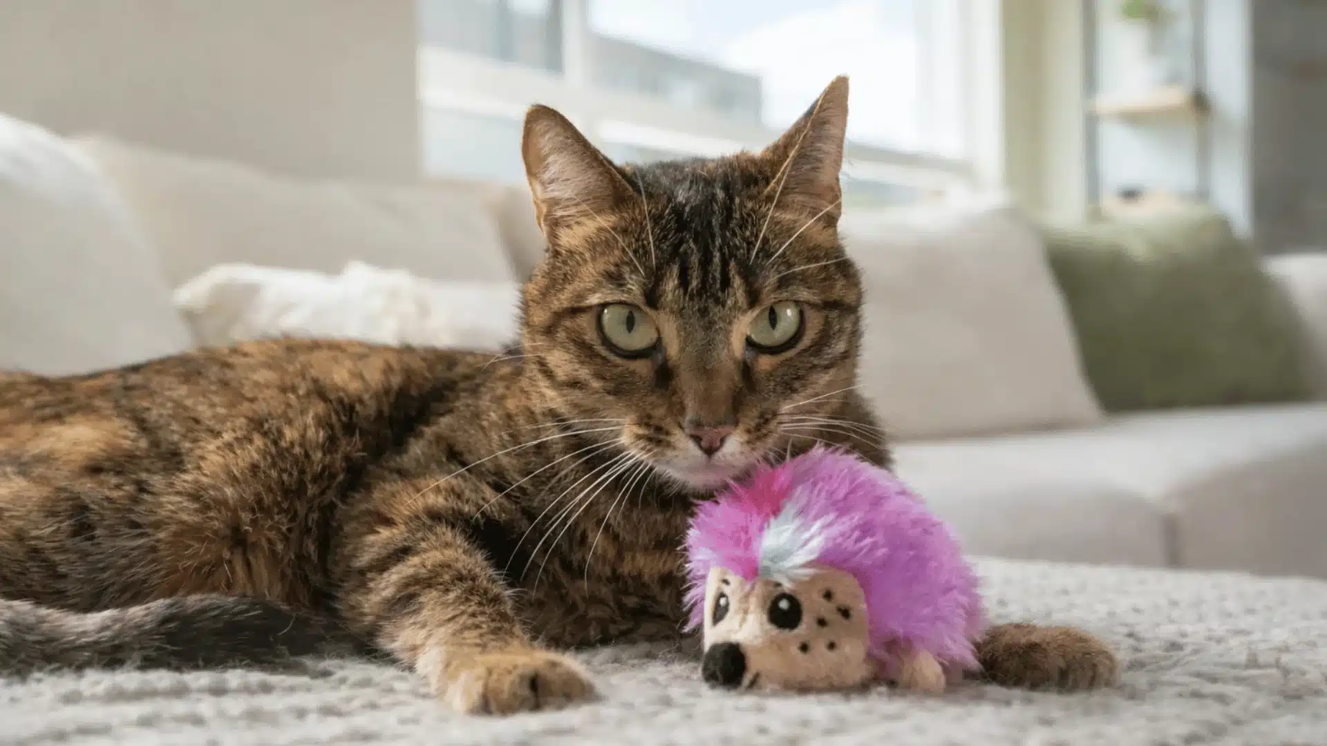 Fluffy cat near interactive Catit toy with green top on a wooden floor