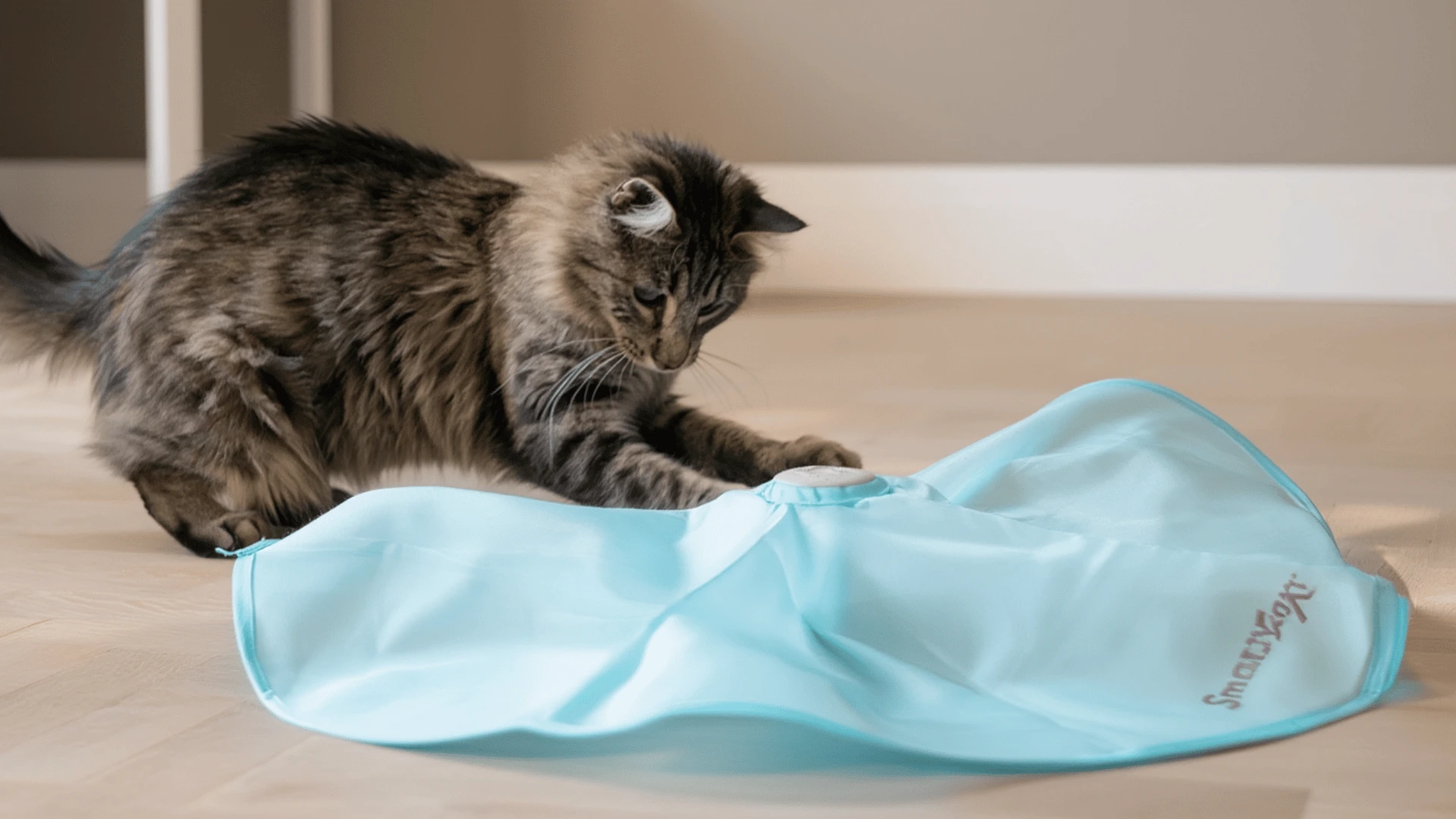 Fluffy cat pawing at a blue interactive mat toy on a wooden floor indoors