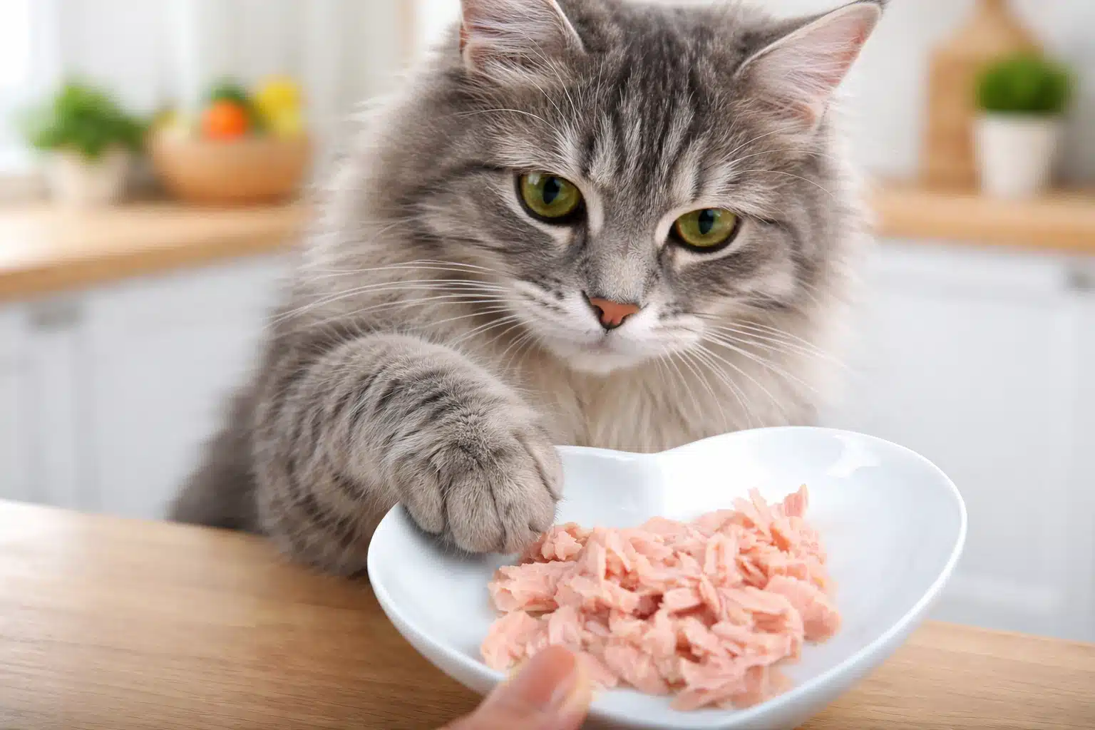 Fluffy gray cat eating fresh salmon from a white bowl on kitchen table close up