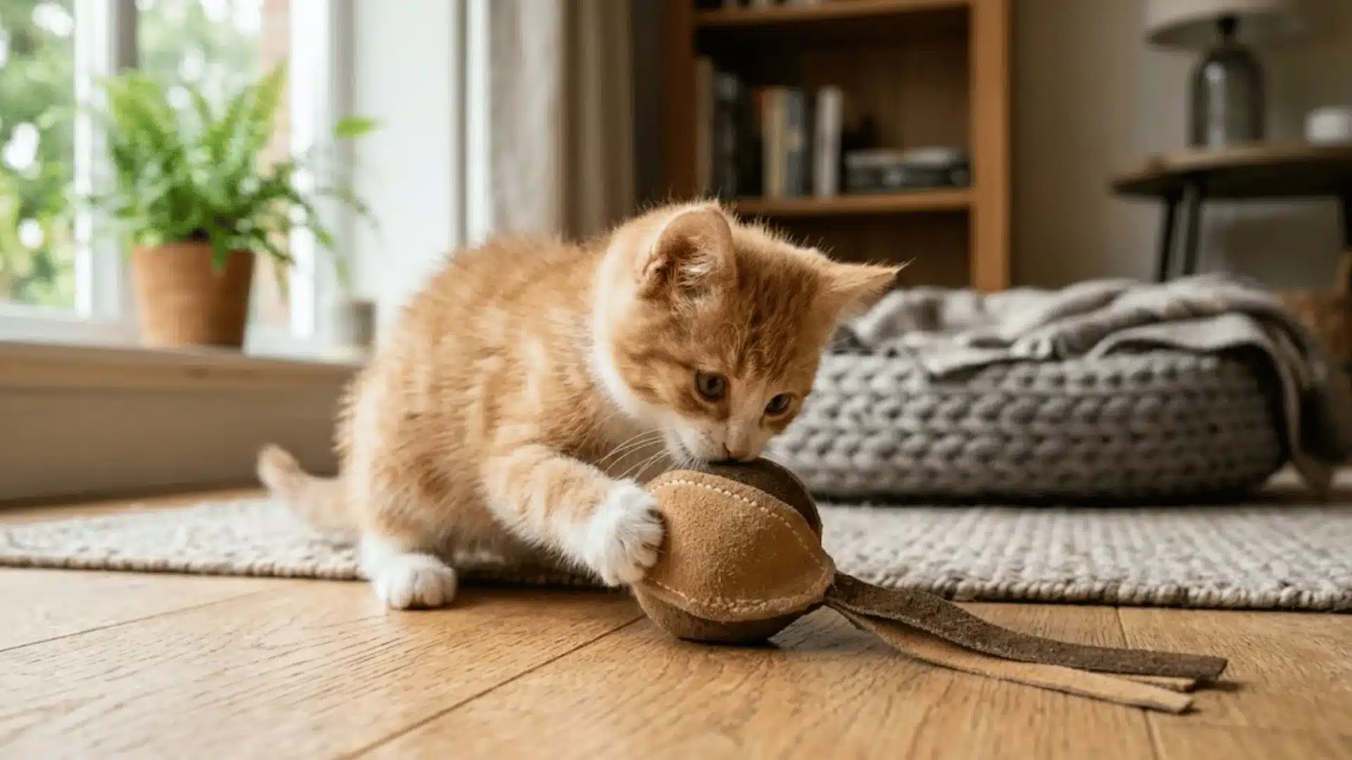 Fluffy kitten on rug holding a round toy in its mouth in a cozy sunlit living room