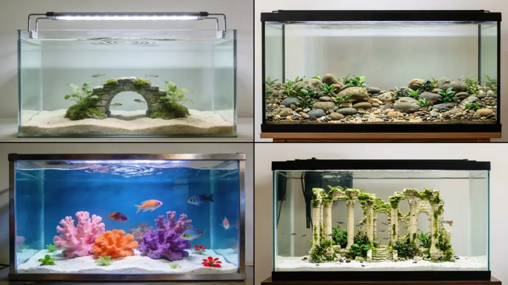Four fish tank themes showing stone bridge, pebble river bed, coral reef, and Roman ruins aquarium setups