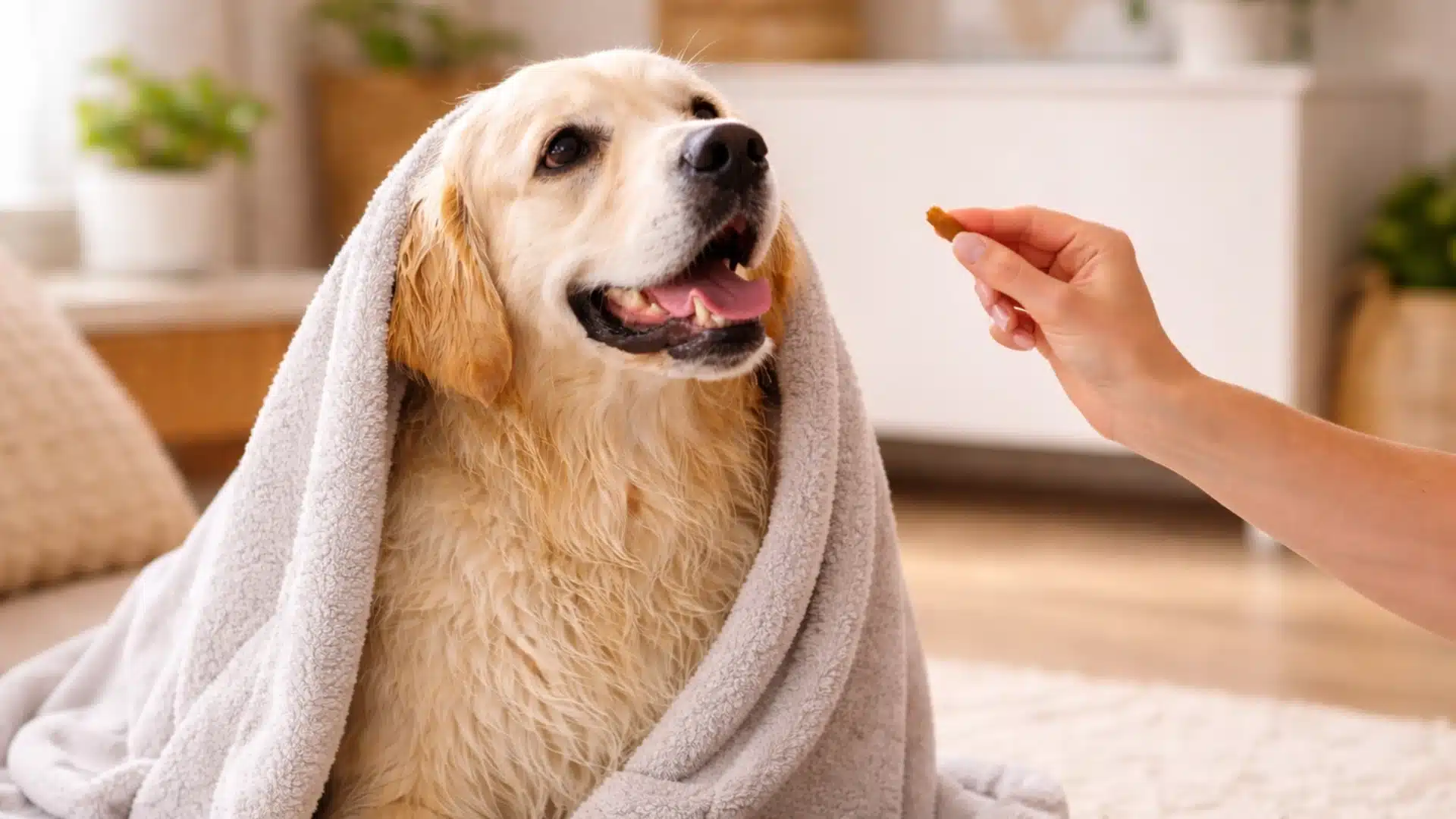 Freshly bathed Golden Retriever wrapped in a gray towel while a hand offers a treat in a warm, cozy indoor setting (1)