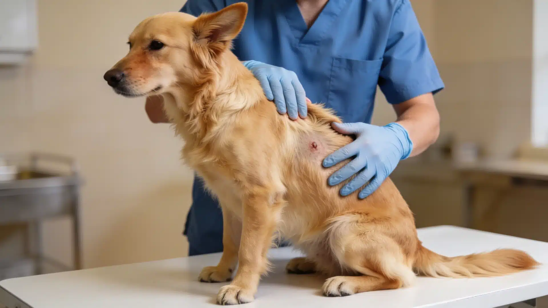 Golden dog at vet exam with visible skin bump being checked by veterinarian wearing gloves