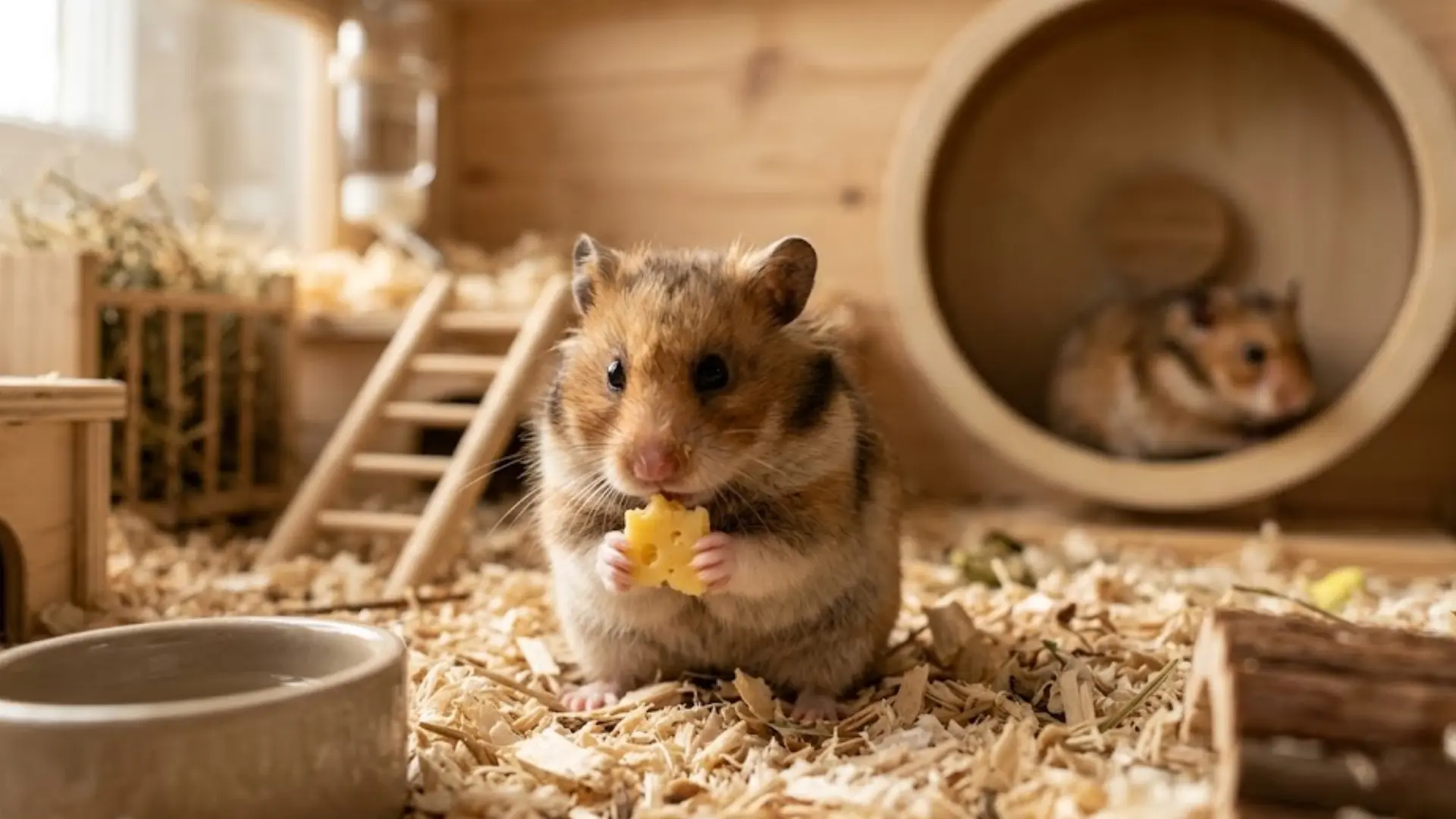 Golden hamster eating cheese in a cozy wooden cage with bedding, wheel, and another hamster in background