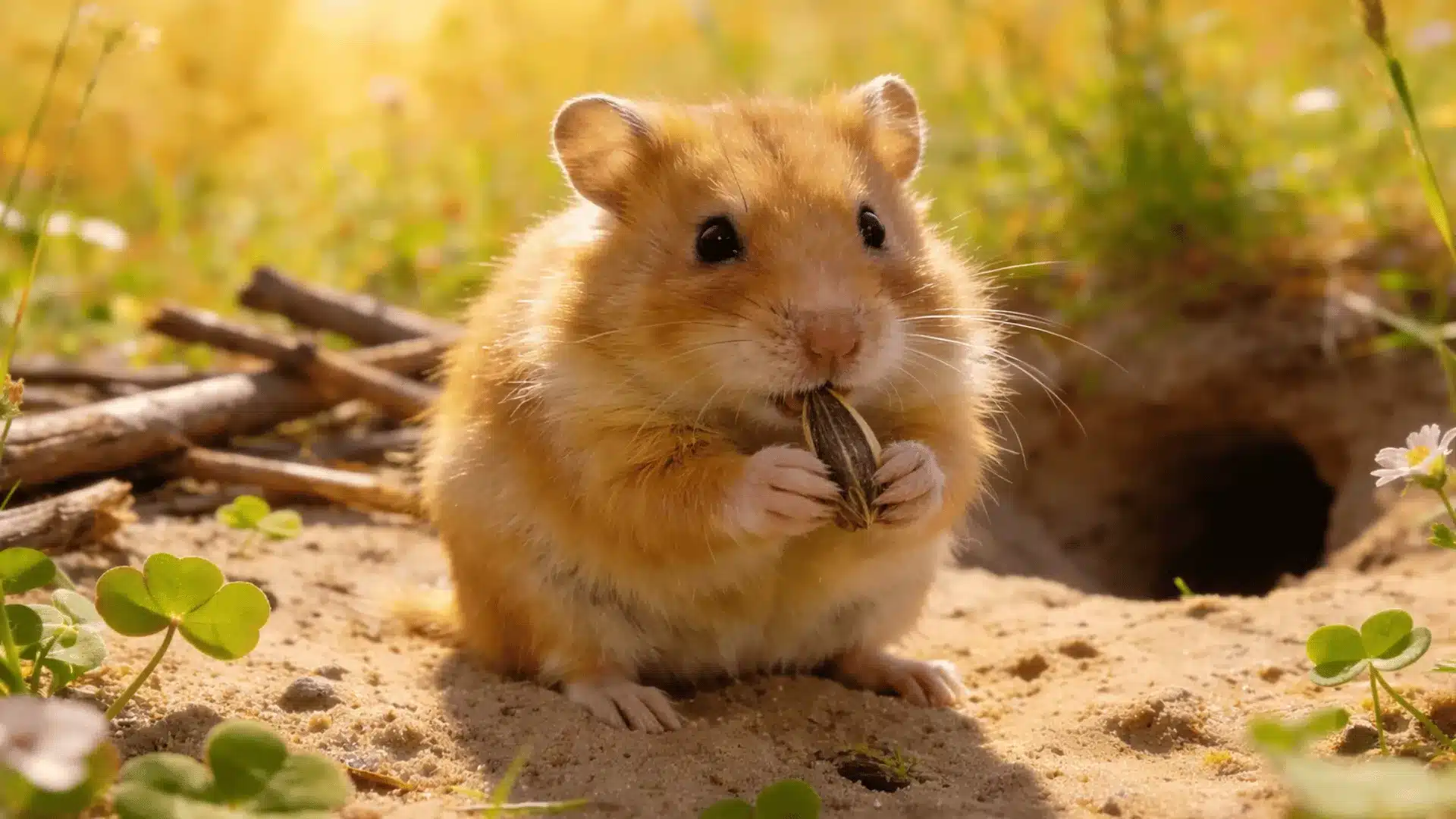 Golden hamster holding a sunflower seed on sandy ground near a burrow in warm sunlight.