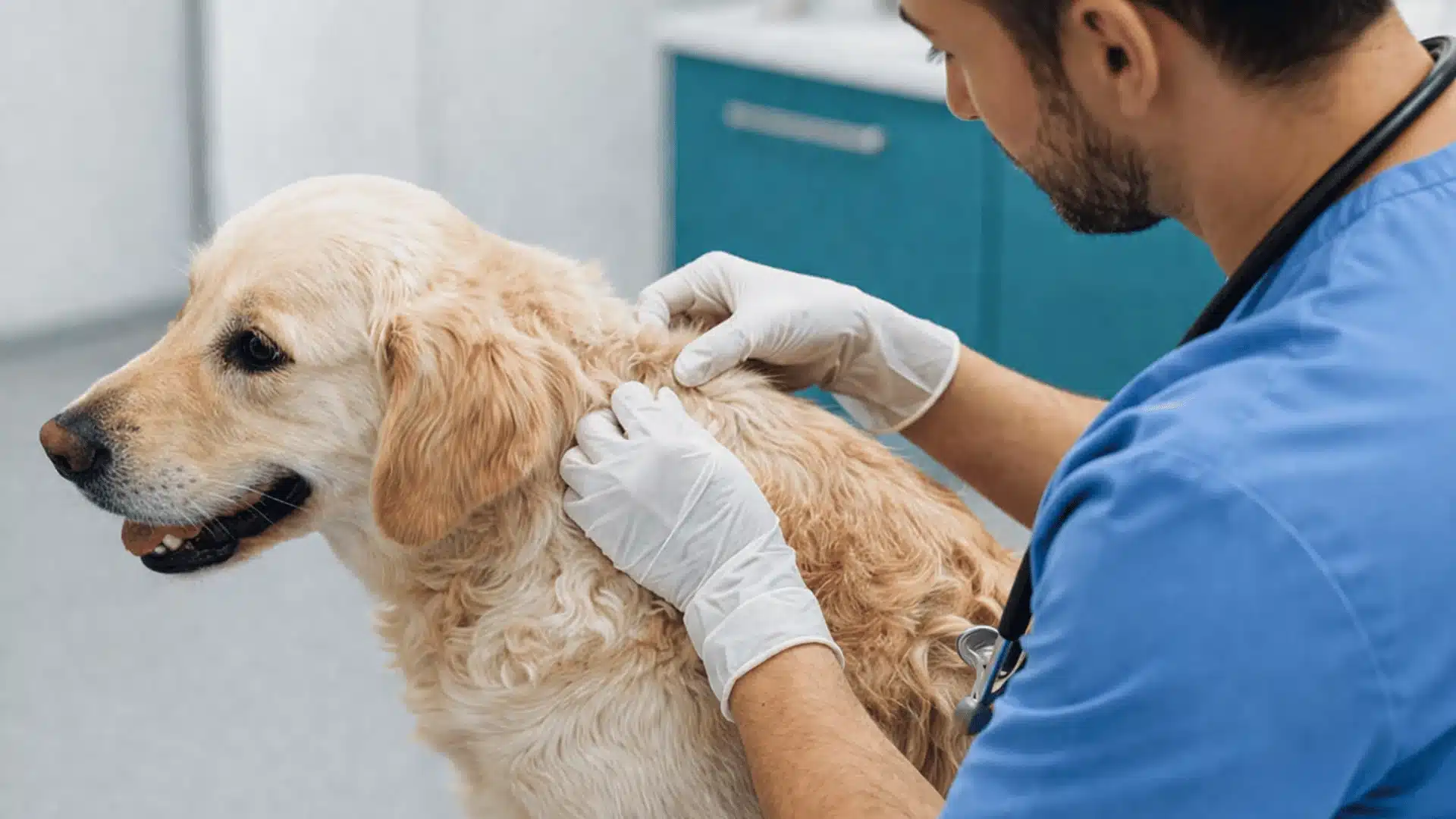 Golden retriever at vet clinic as veterinarian examines fur closely for ticks and removes them safely