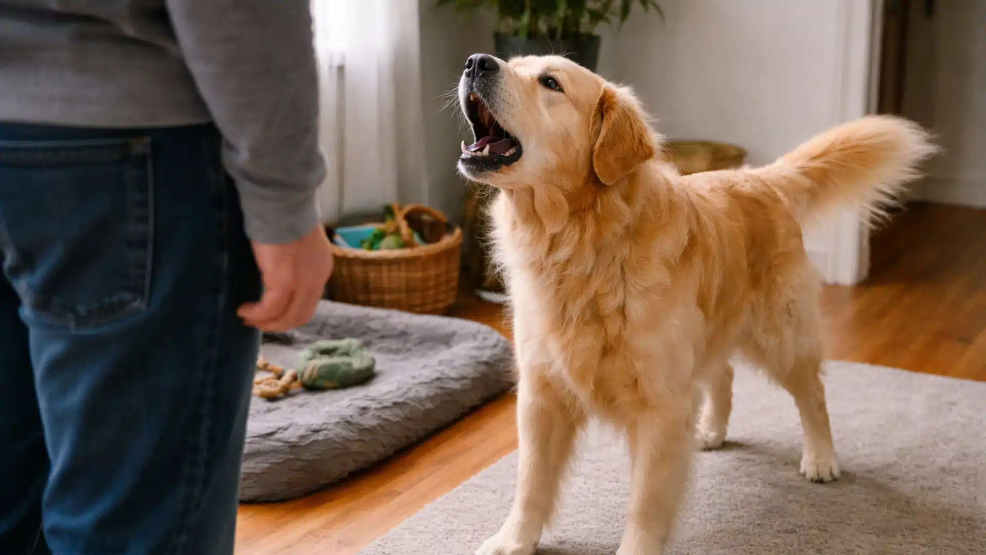 Golden retriever barking at its owner indoors, standing on a rug in a naturally lit living room with a dog bed and toys nearby