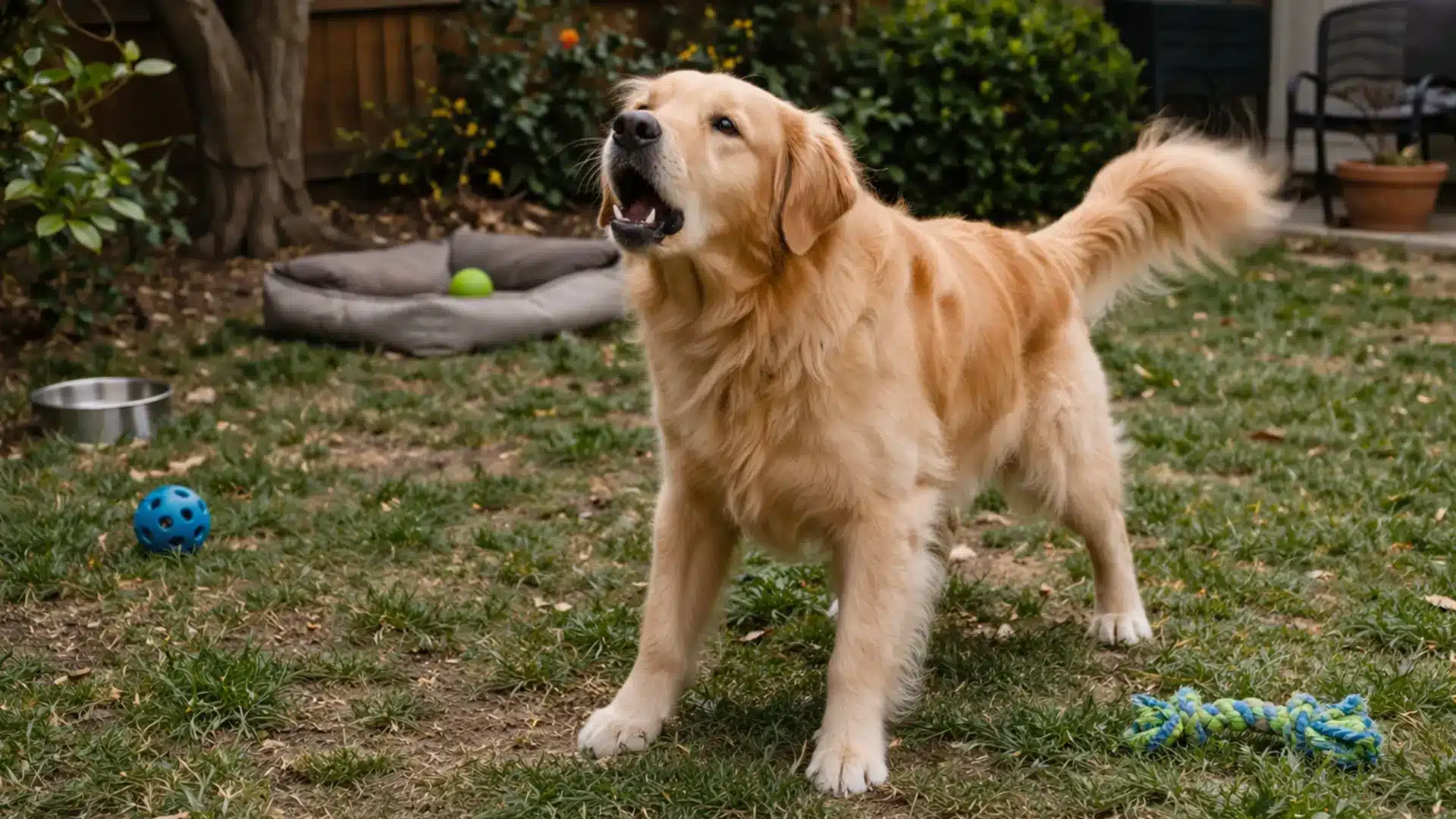 Golden retriever barking in a backyard with patchy grass, surrounded by a dog bed, toys, and a water bowl in a slightly cluttered outdoor space