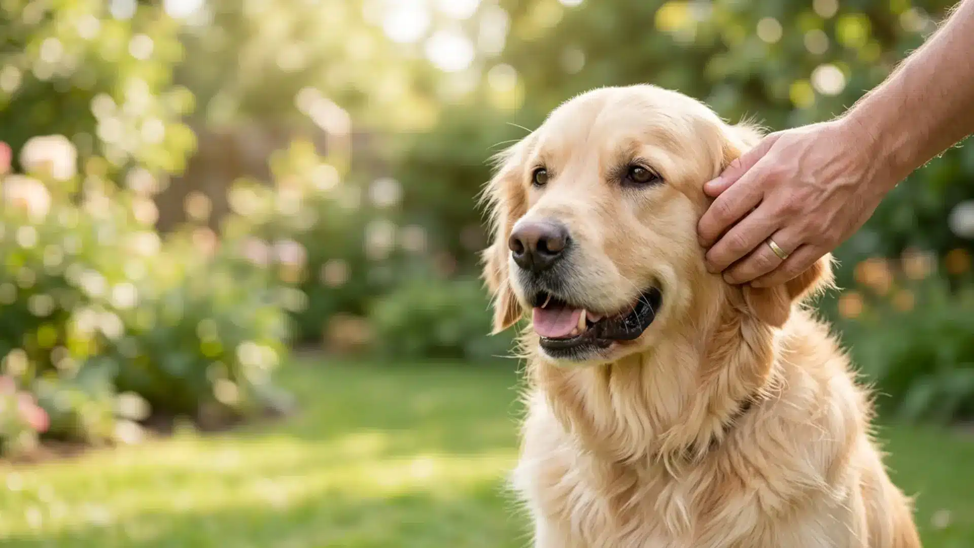 Golden retriever dog being gently petted by hand in sunny garden with green plants and soft natural background