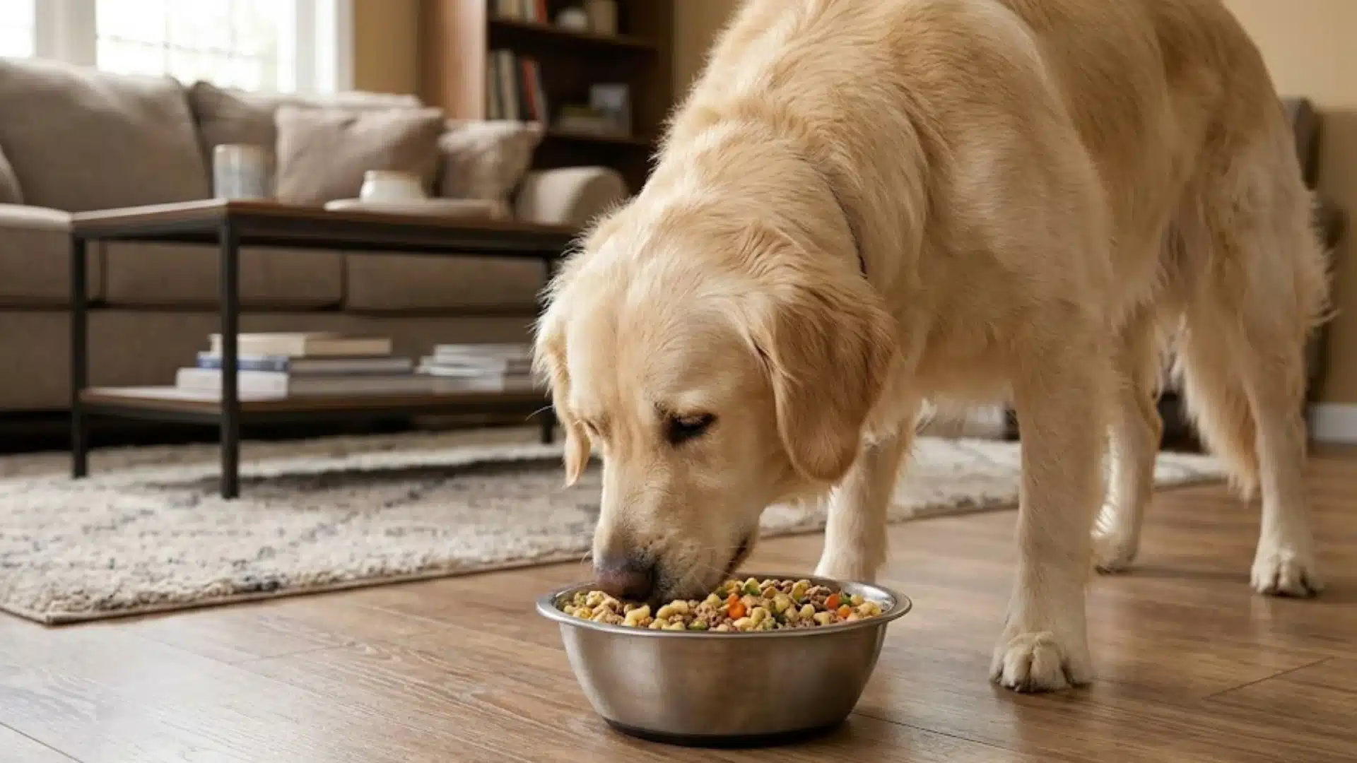 Golden retriever eating dog food from bowl indoors, showing feeding routine and diet impact on digestion