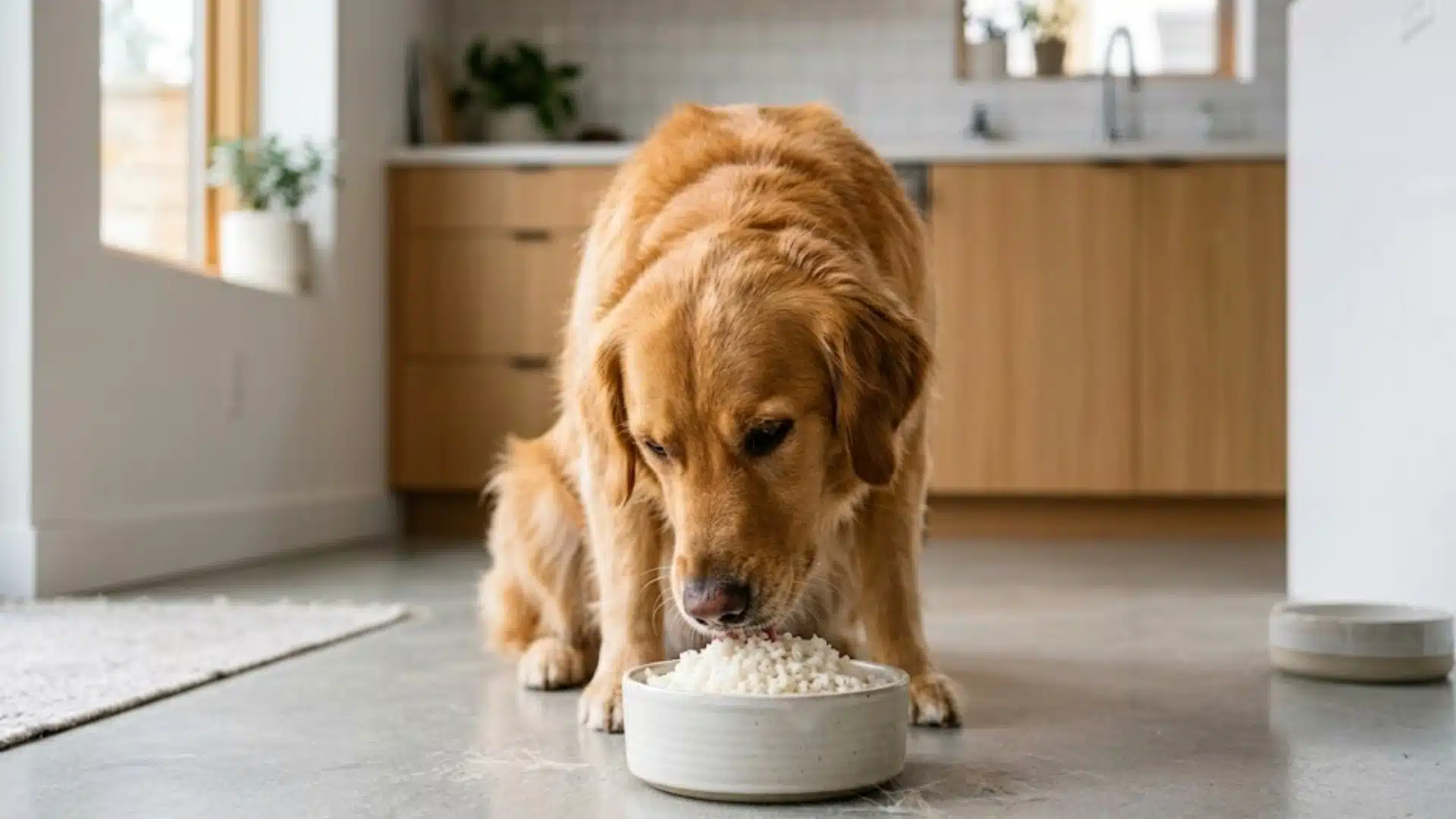 Golden retriever eating plain white rice from a bowl on kitchen floor in a bright modern home setting
