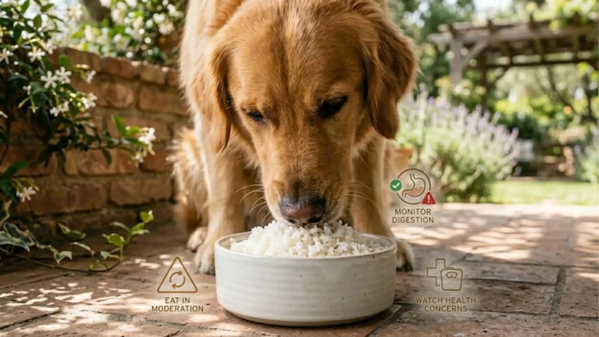 Golden retriever eating white rice from a bowl outdoors with icons showing moderation and digestion care