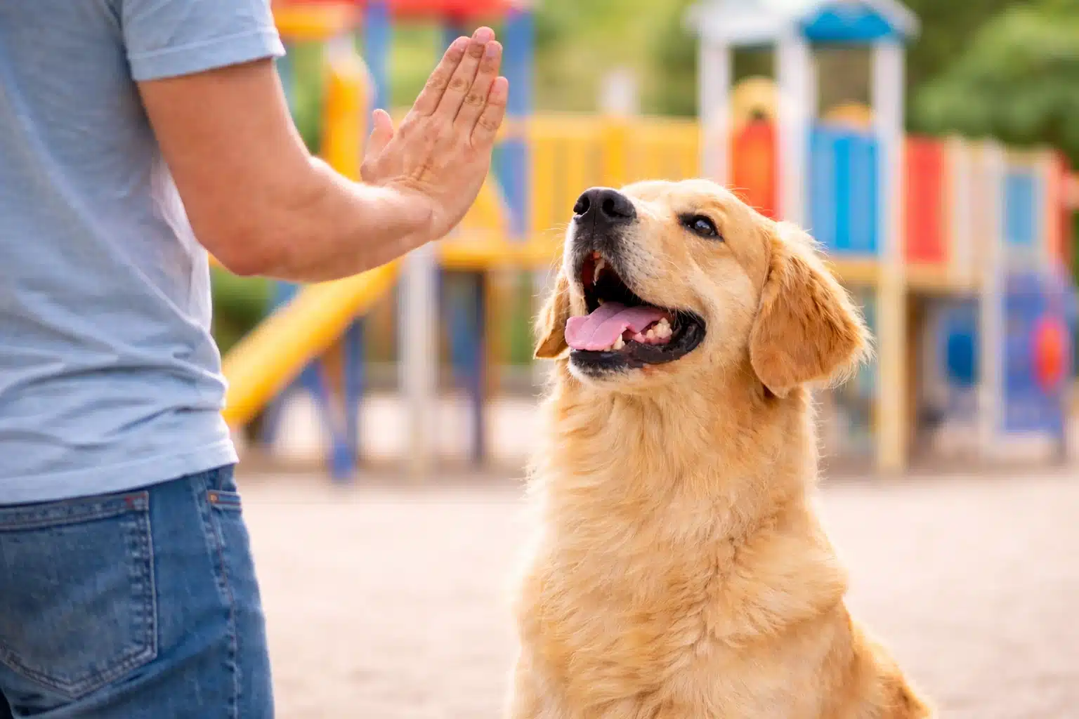 Golden retriever focusing on owner's hand signal in playground, showing dogs respond more to body language than words