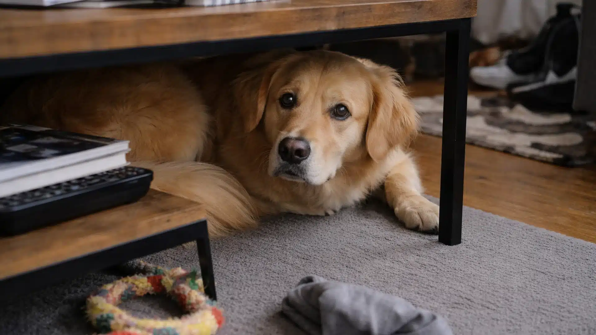 Golden retriever hiding under a wooden coffee table in a cluttered living room, appearing anxious with ears back and body lowered