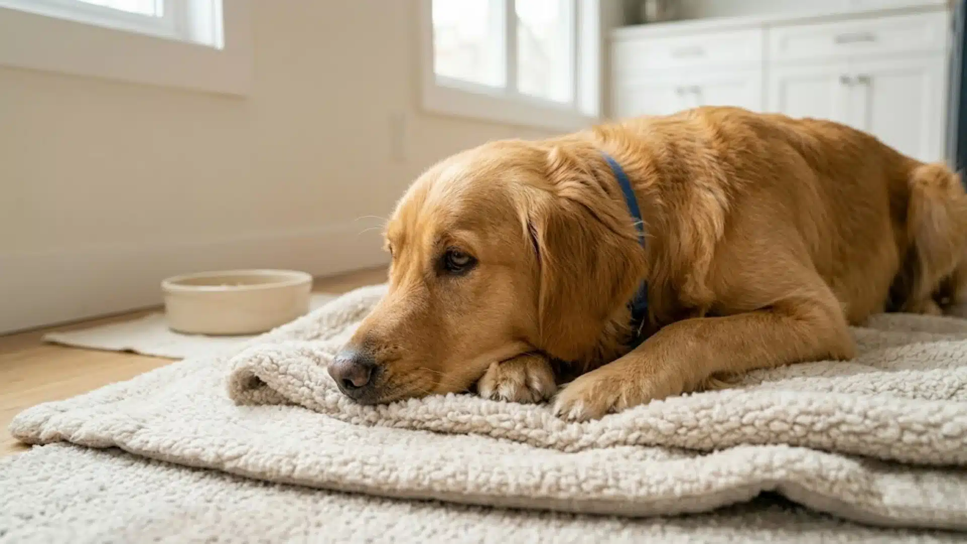Golden retriever lying on a soft mat on a kitchen floor, looking tired and resting with a food bowl in the background, natural indoor lighting