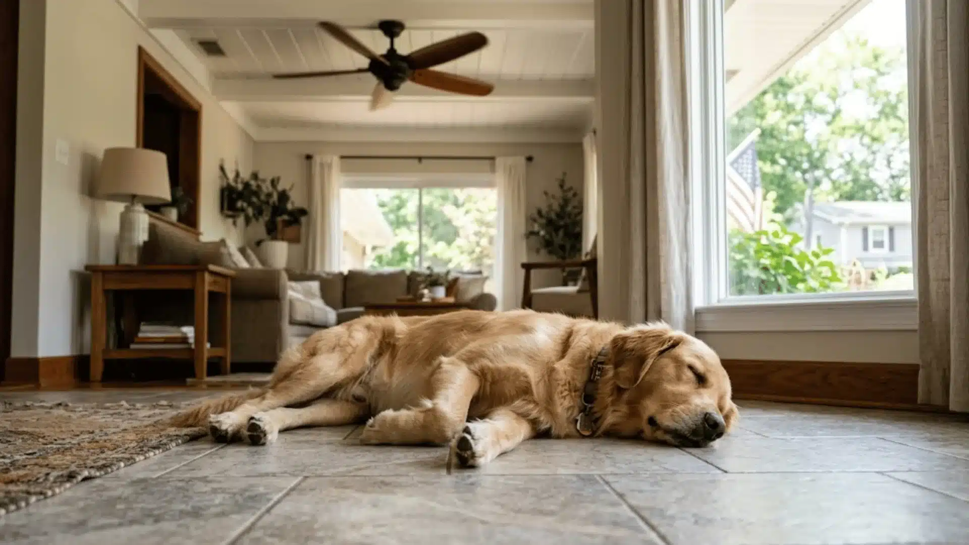 Golden retriever lying on cool indoor floor near window in a sunlit suburban living room.