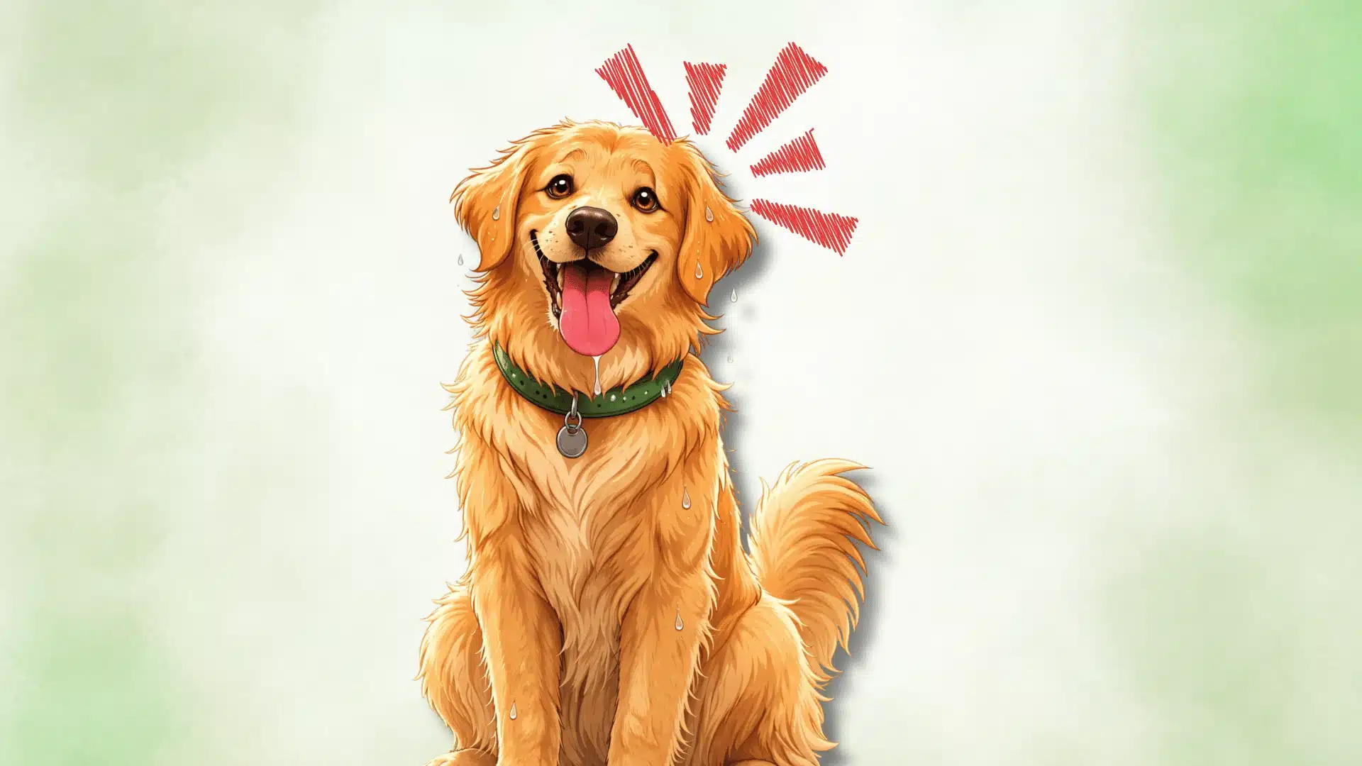 Golden retriever panting with tongue out and sweat drops, showing signs of heat in a simple illustrated style