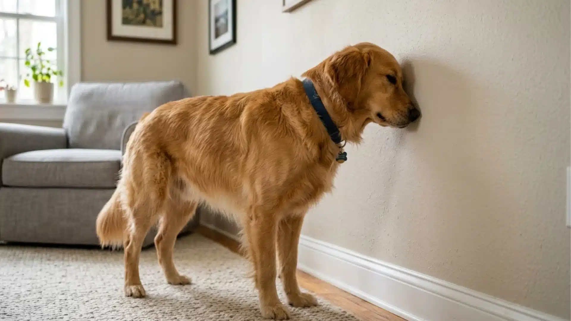 Golden retriever pressing head against wall indoors, a concerning sign of possible neurological issue or unusual behavior