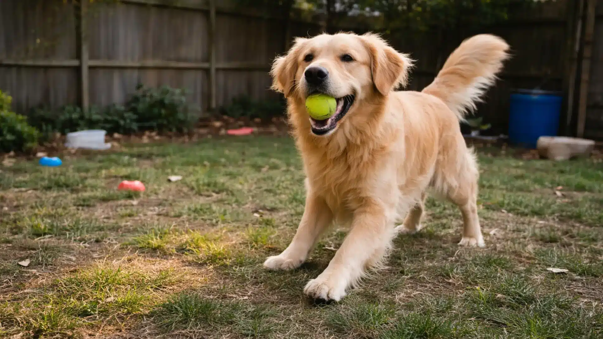Golden retriever running in a backyard with a tennis ball in its mouth, natural sunlight, playful expression, and scattered toys visible