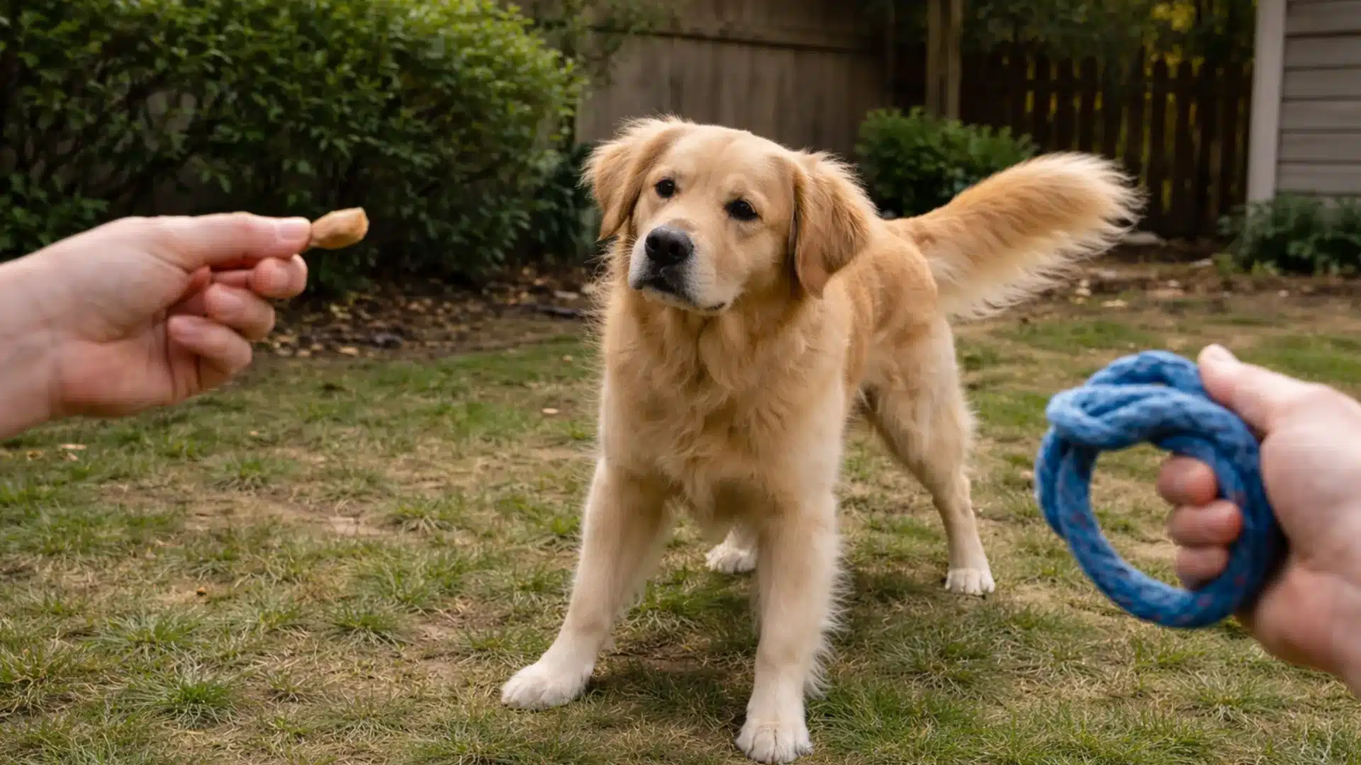 Golden retriever standing in a backyard looking confused during training, glancing between a hand holding a treat and another holding a rope toy