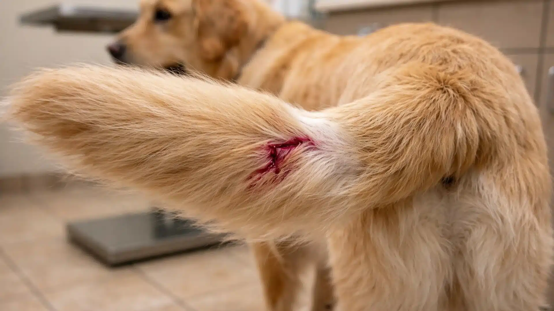 Golden Retriever standing in a veterinary clinic with a visible bleeding wound near the base of its tail