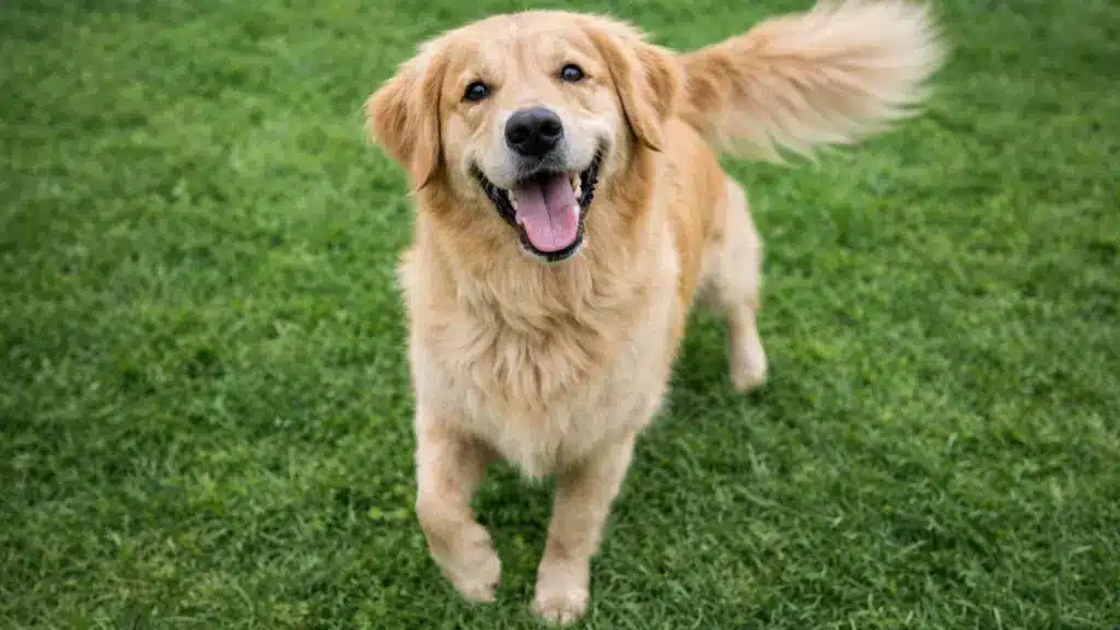 Golden retriever standing on green grass, looking up at camera with tongue out, tail wagging, bright natural outdoor lighting