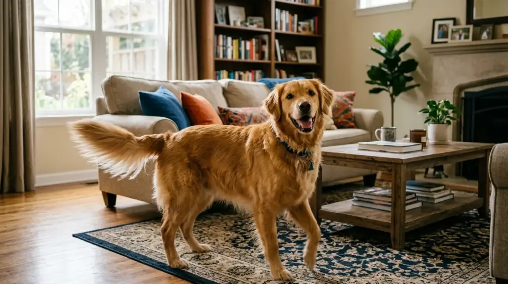 Golden retriever wagging tail inside living room, showing typical happy tail behavior in indoor space