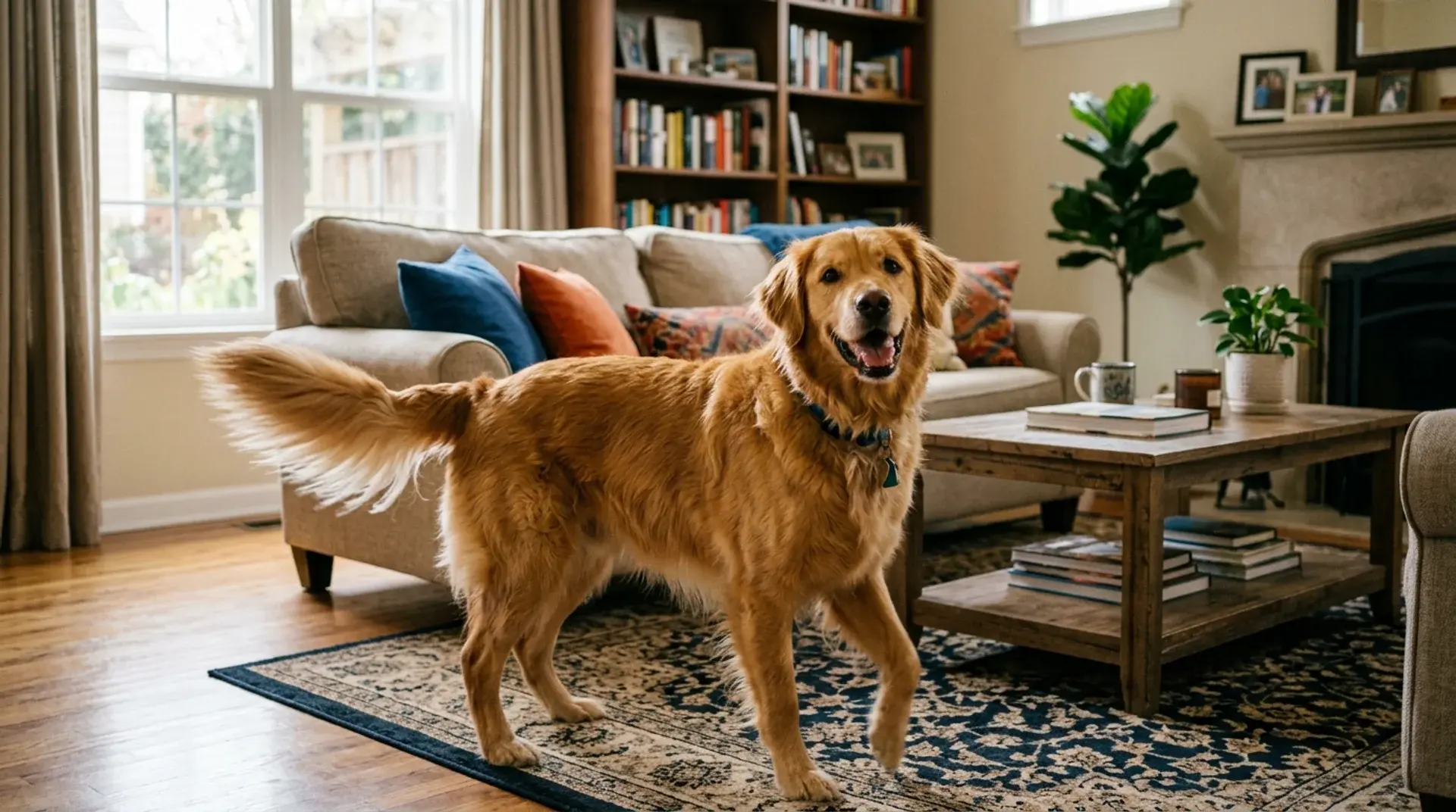 Golden retriever wagging tail inside living room, showing typical happy tail behavior in indoor space