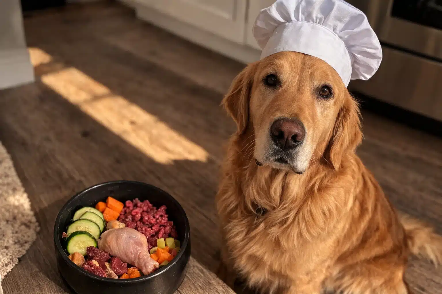 Golden Retriever wearing chef hat beside bowl of homemade dog food for allergies