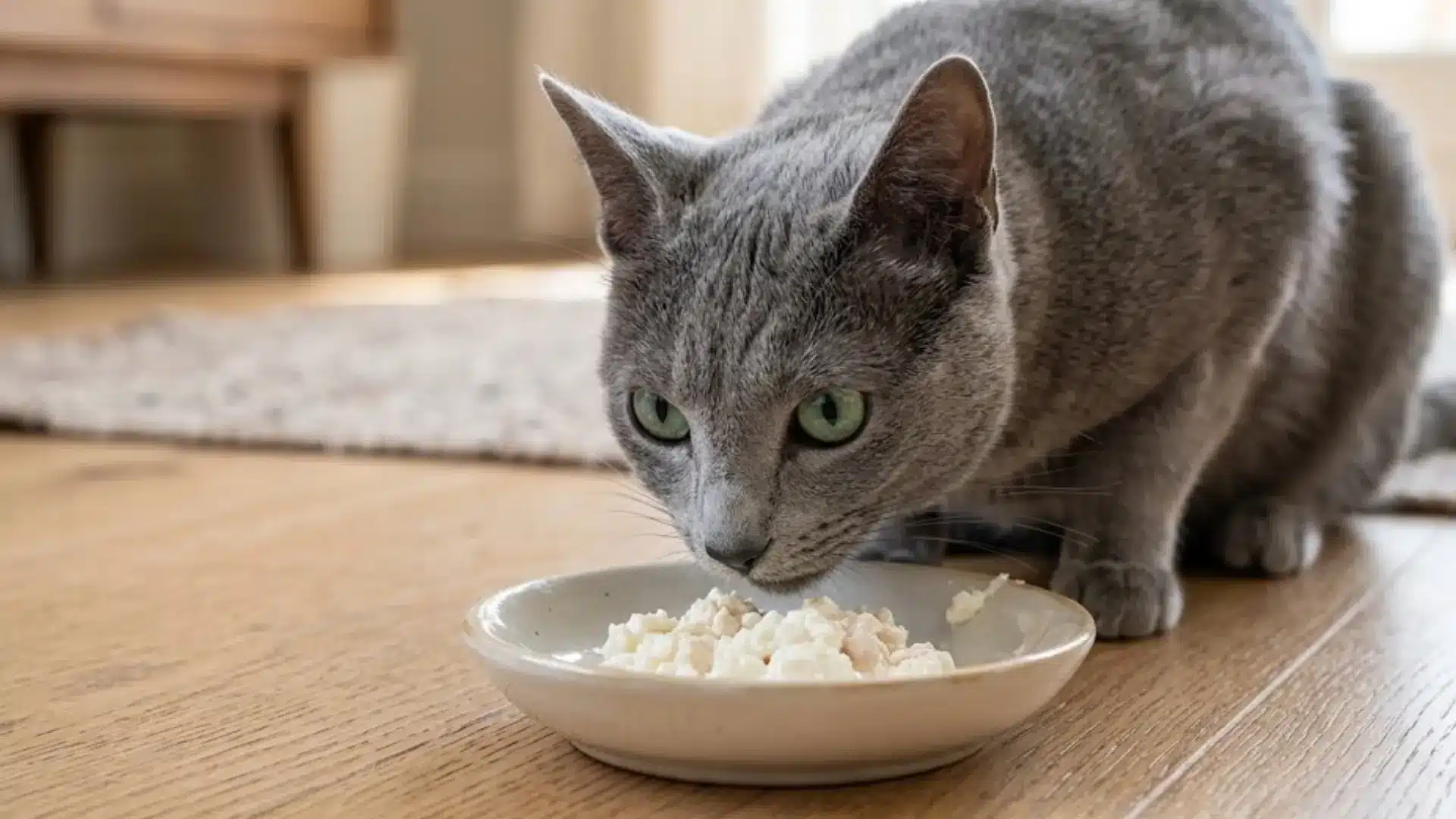 Gray cat eating small portion of cooked eggs from a plate on wooden floor indoors