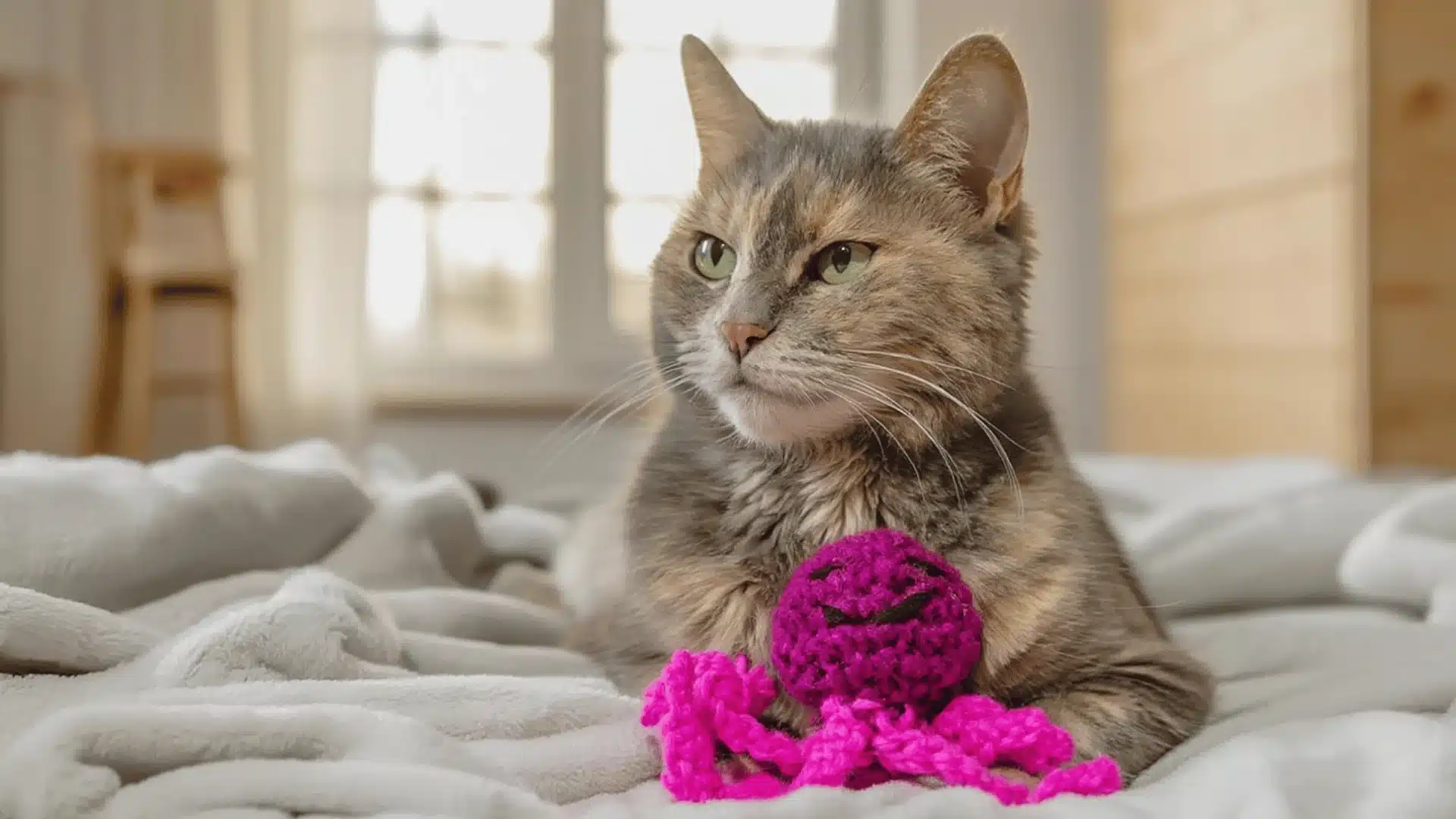 Gray cat resting on bed holding a pink plush octopus toy, looking alert