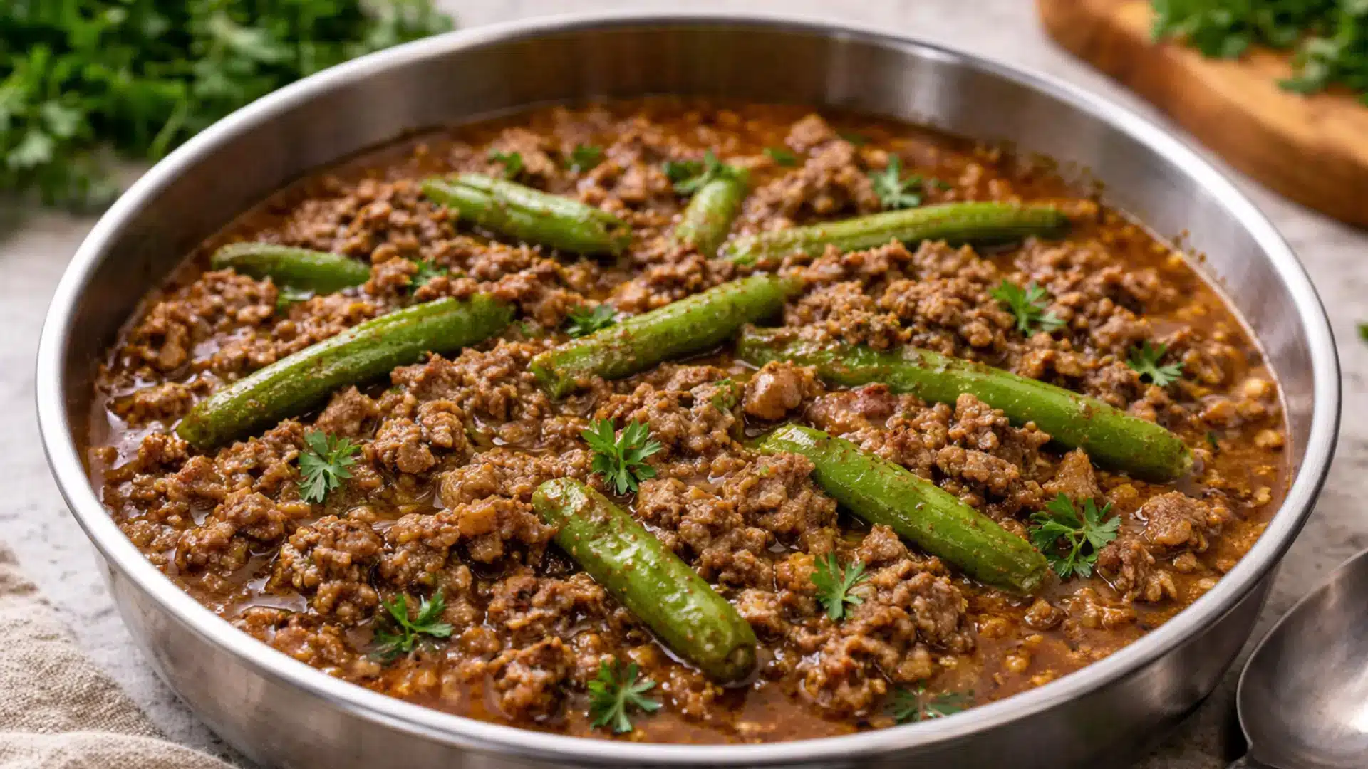 Ground beef and green beans in a savory gravy served in a stainless steel pan