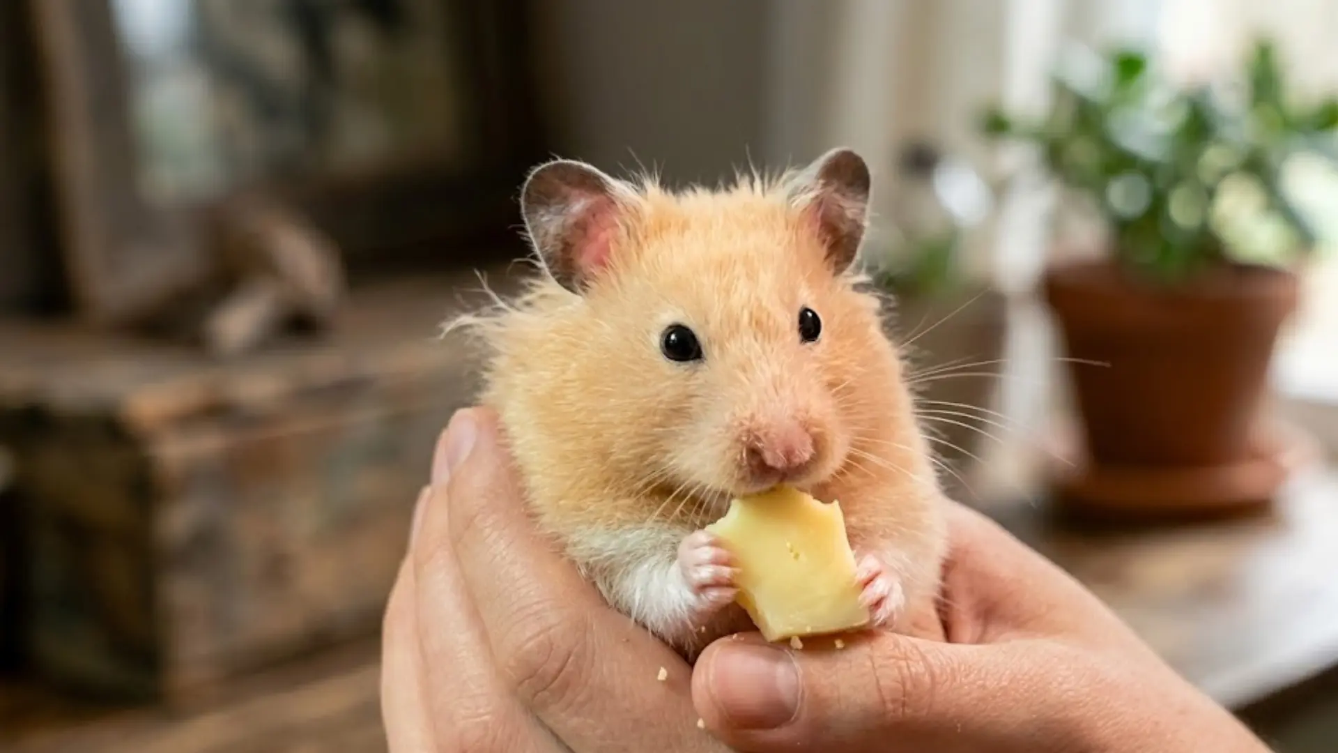 Hamster beside assorted cheese wedges and blocks on a table with small tools and books in background (1)