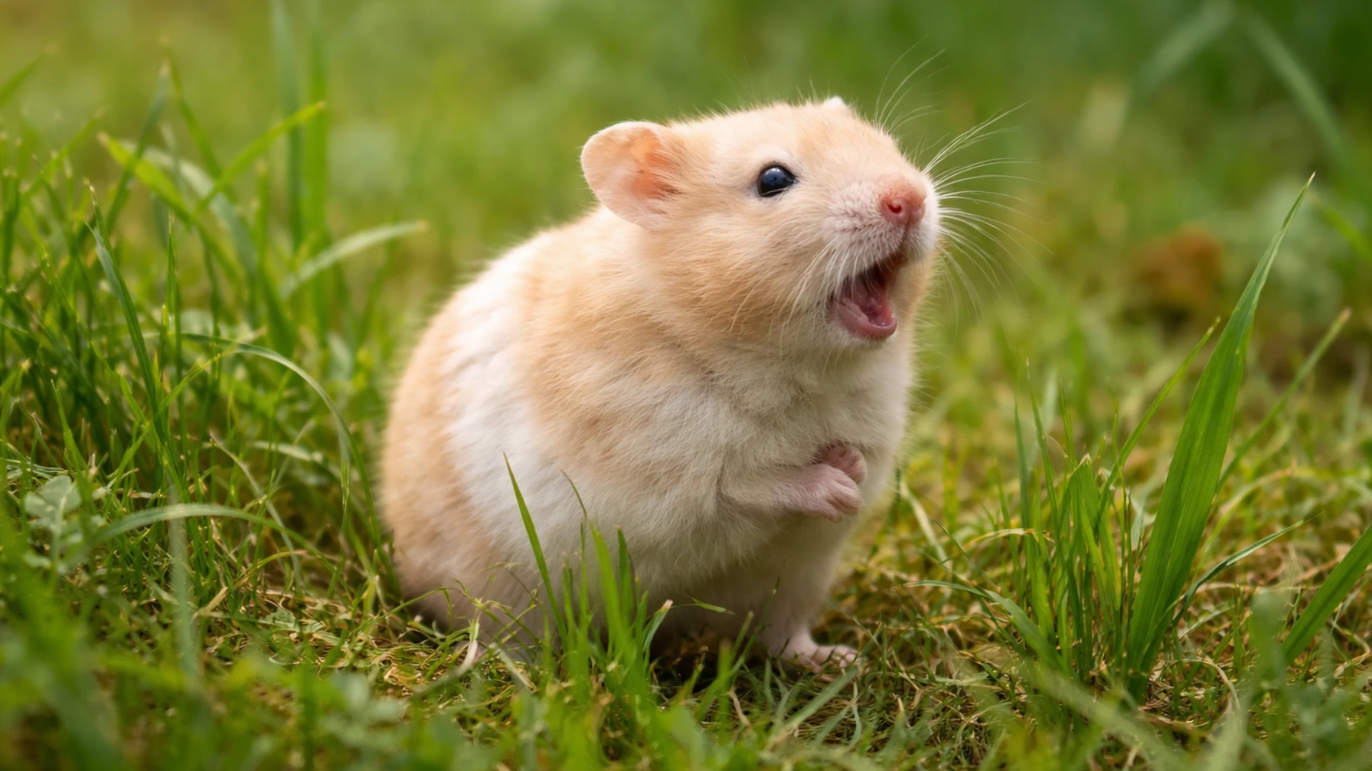 hamster standing in grass with mouth open appearing to make a sound, showing natural vocal behavior in outdoor setting