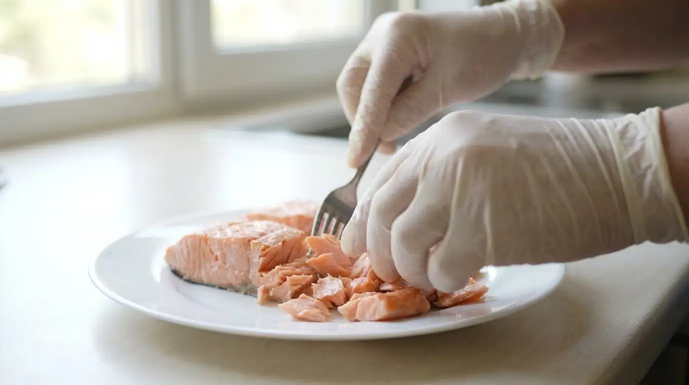 Hands in white gloves using a fork to flake cooked salmon on a white plate in a bright kitchen
