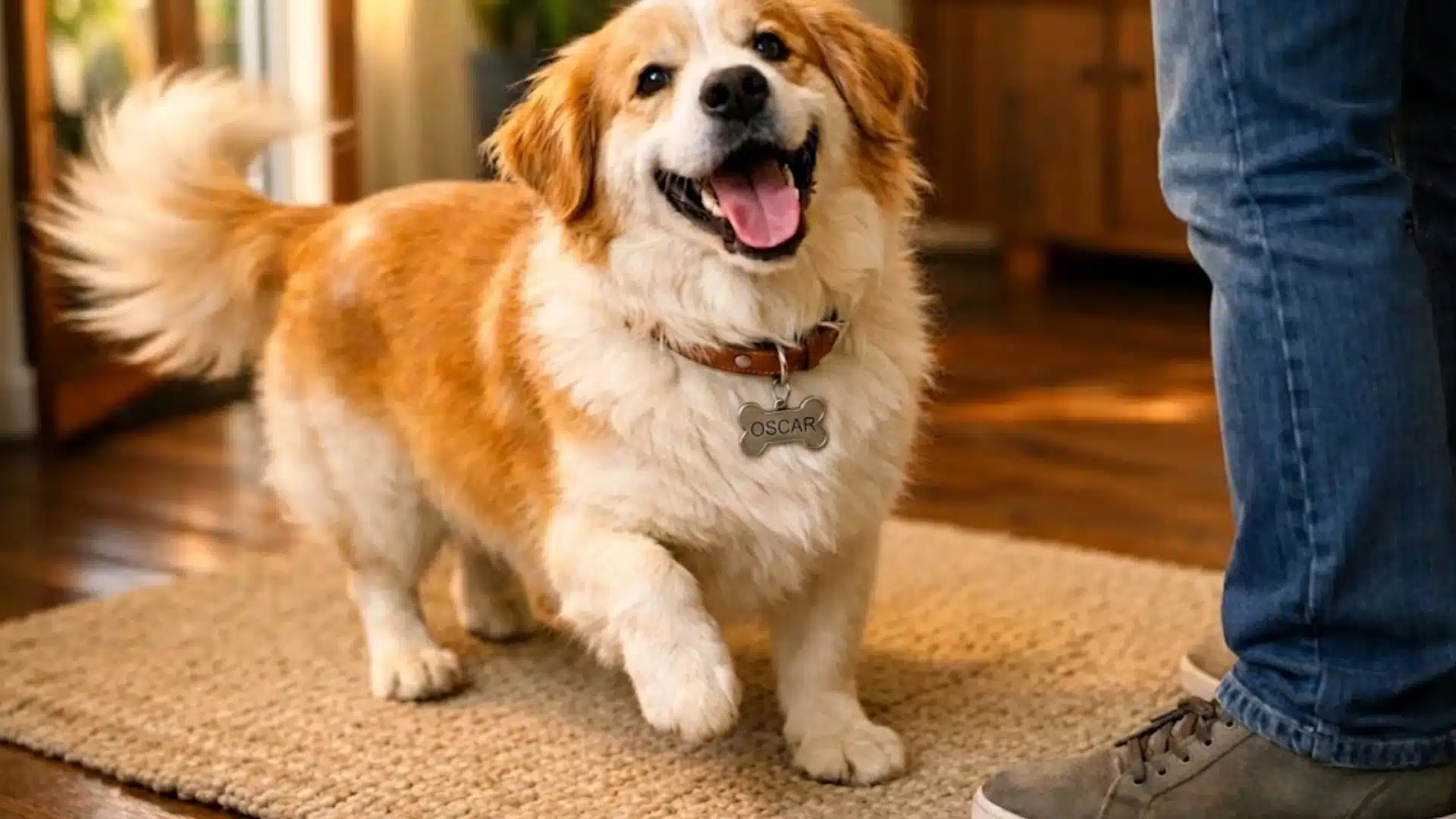 Happy dog wagging its tail indoors near owner, showing excitement, friendliness, and a relaxed, playful mood
