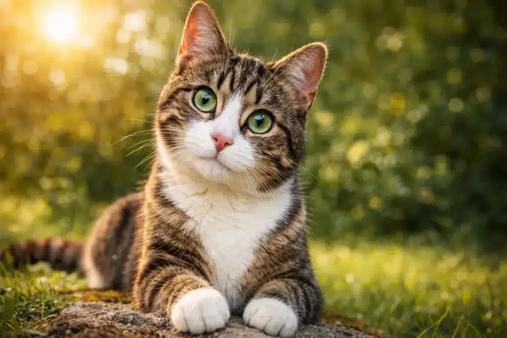 Healthy cat with bright green eyes and clean fur resting outdoors in warm sunlight showing signs of good cat health