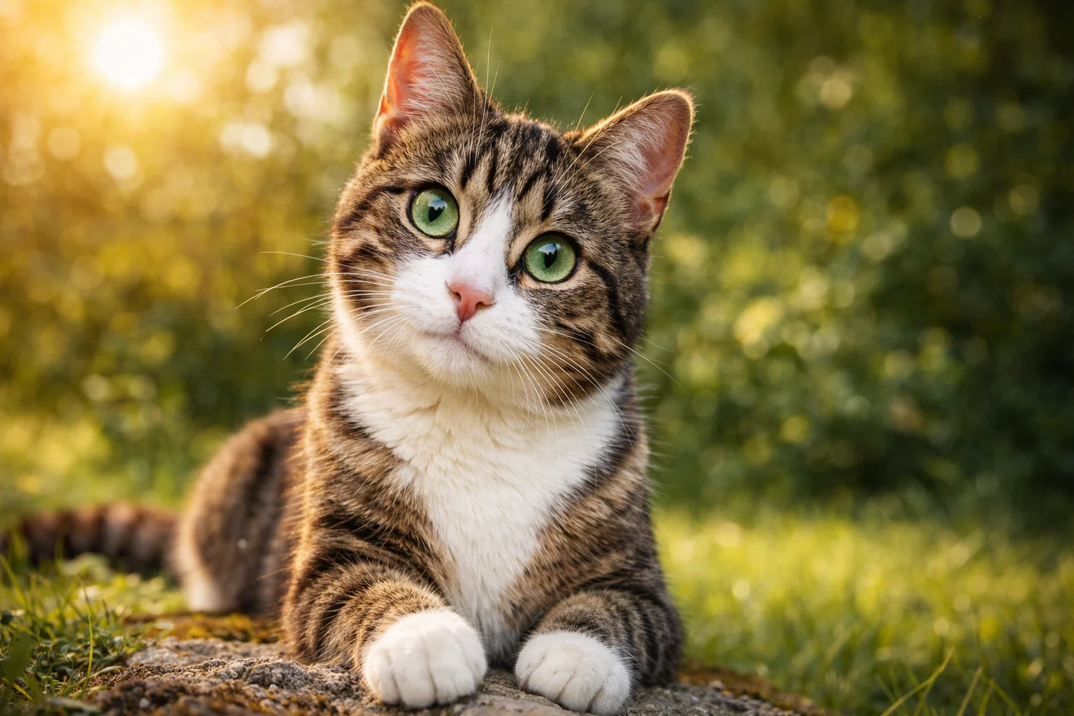 Healthy cat with bright green eyes and clean fur resting outdoors in warm sunlight showing signs of good cat health