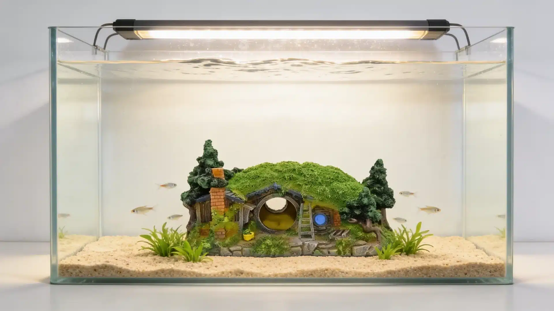 Hobbit hole aquarium decoration with round door, moss roof, and small fish swimming in a clear glass tank