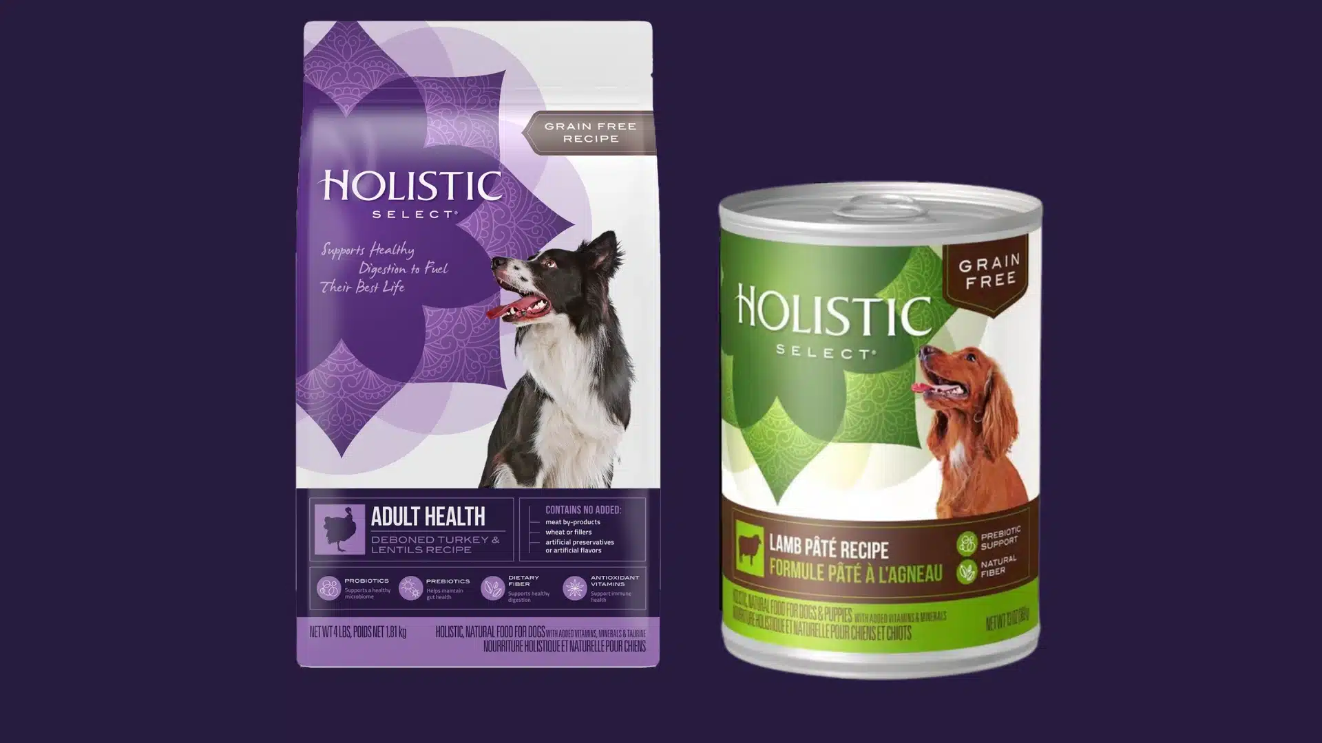 Holistic Select adult health dry dog food bag and can with turkey, and lamb recipes