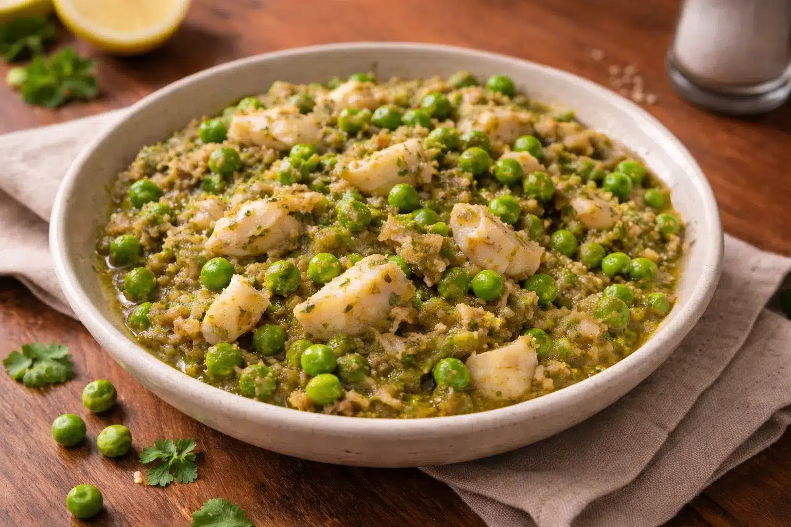 Homemade dog food bowl with white fish, soft chunks, peas; moist, balanced for sensitive diets
