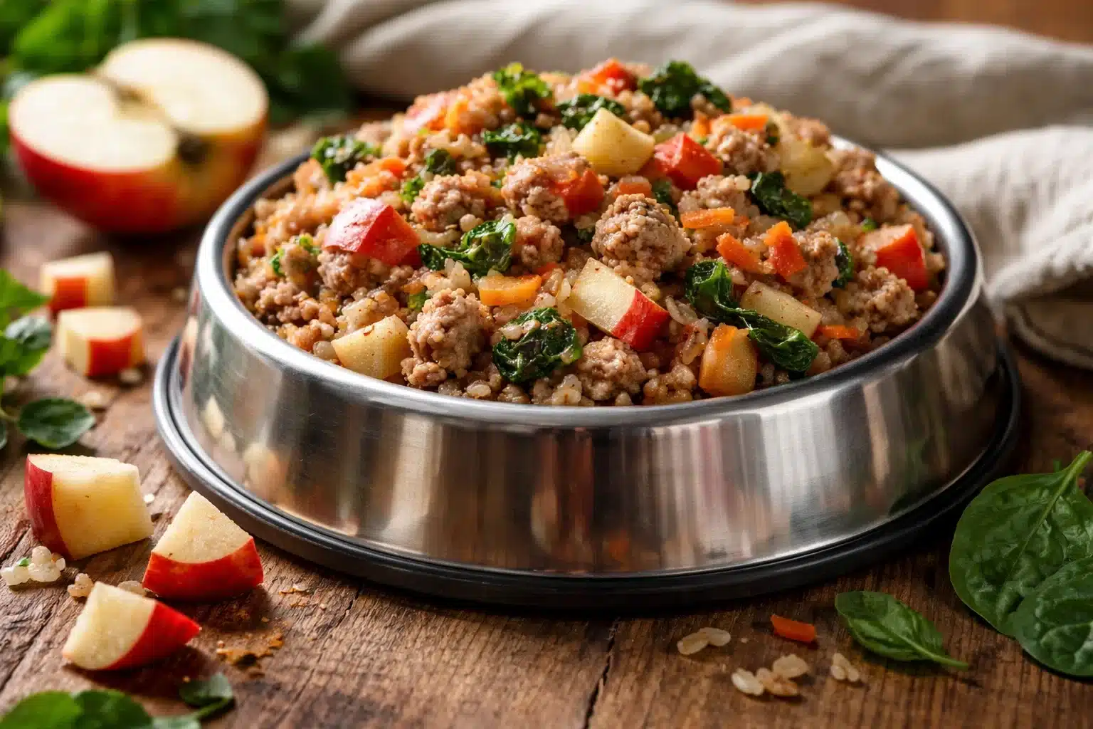Homemade dog food with pork, apples, spinach, and grains for dogs with food allergies in a bowl