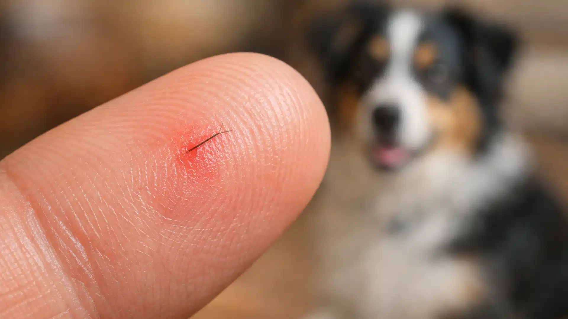 Human fingertip with a small dog hair splinter under the skin causing redness, blurred dog in background indoors