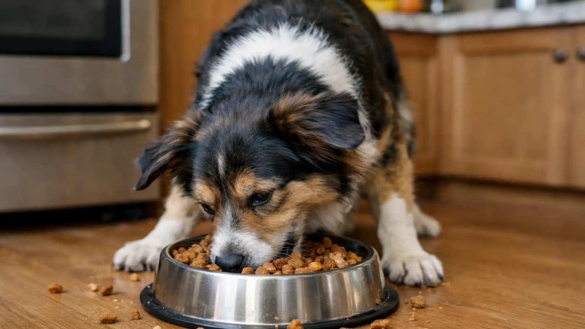Hungry tricolor dog eating quickly from a metal bowl on a kitchen floor, food pieces scattered around, natural indoor lighting