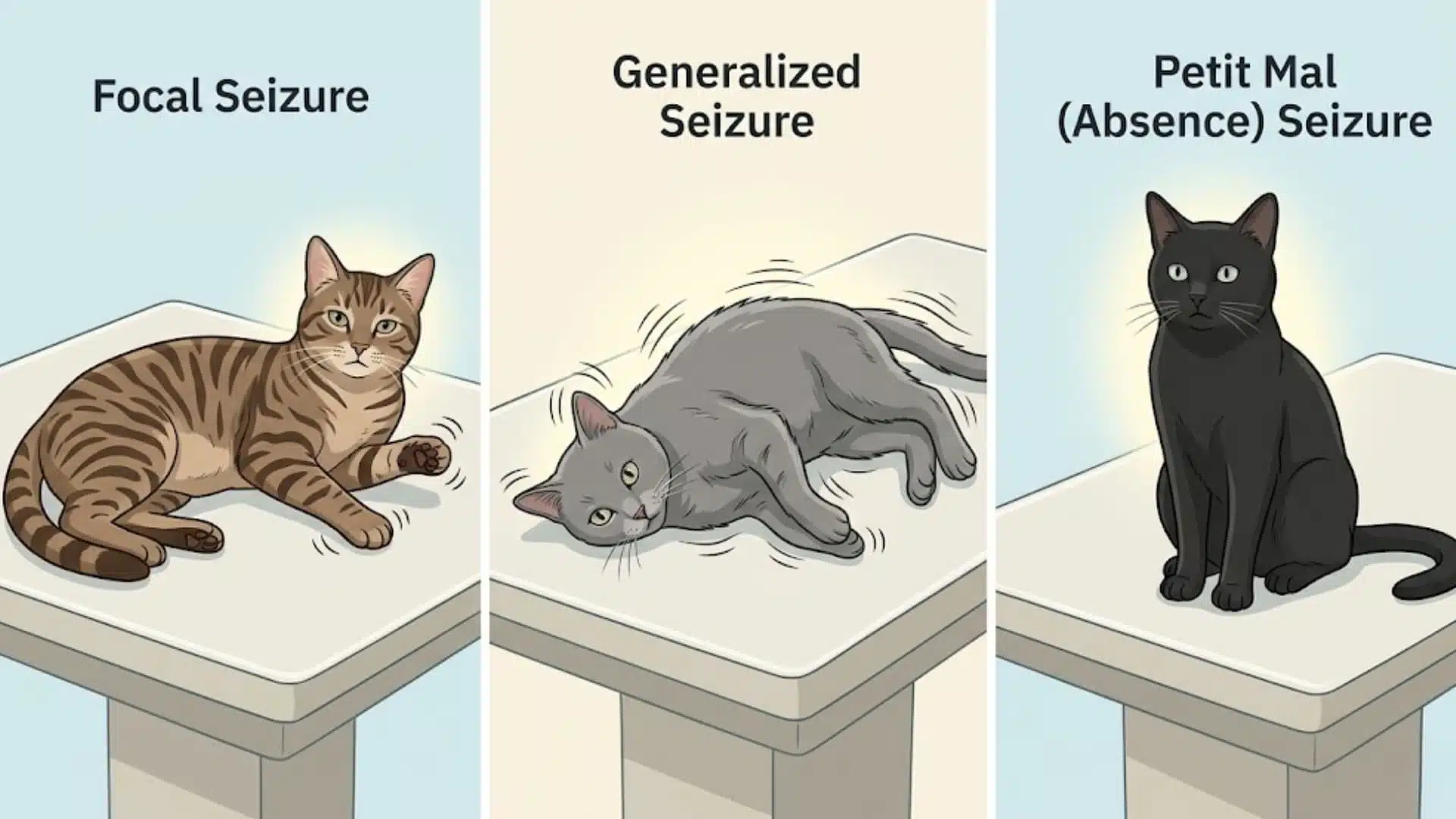 Illustrated comparison of three types of cat seizures focal, generalized, and petit mal, showing a calm domestic cat in three panels