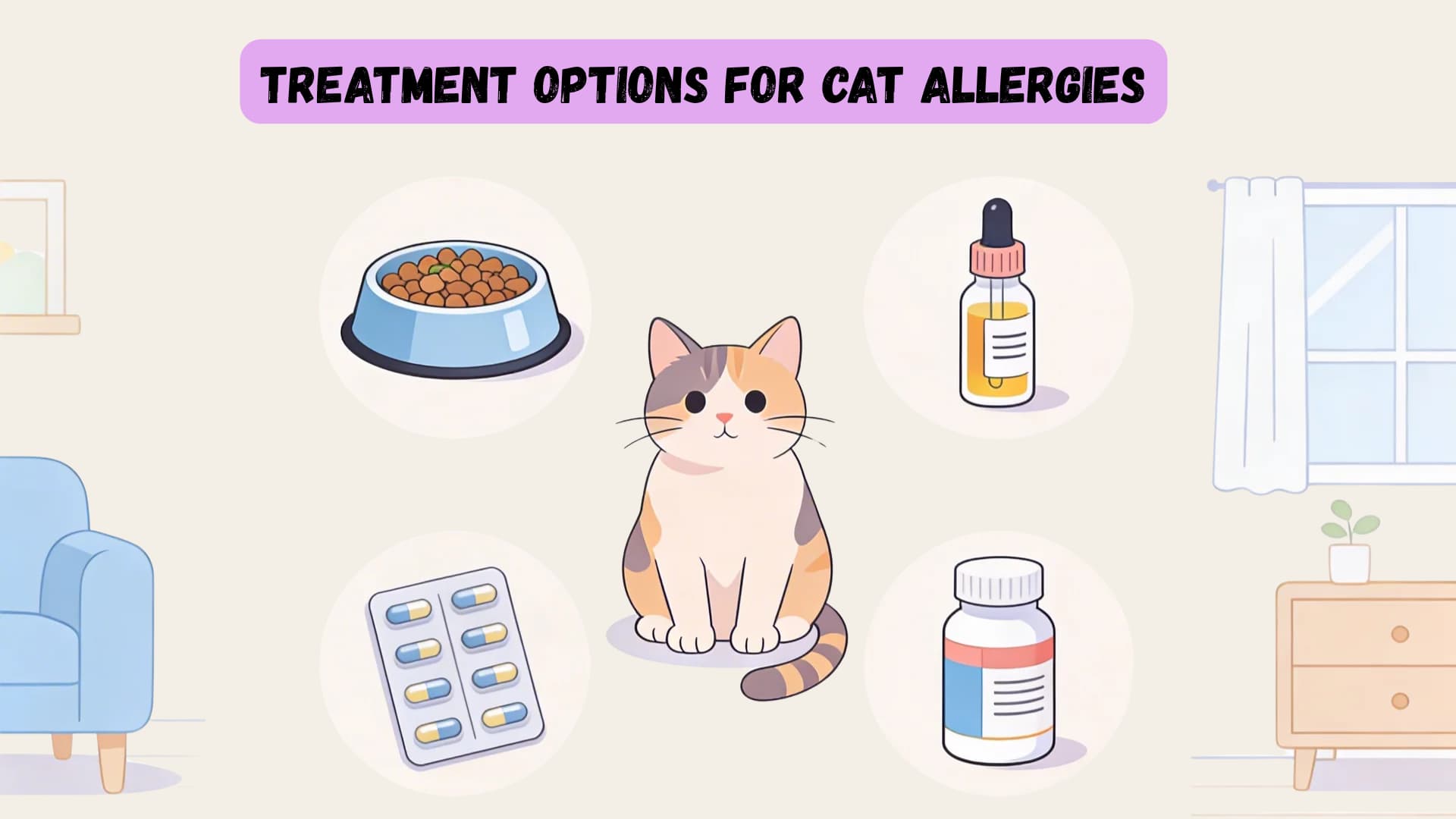 Illustration of a cat in the center with four surrounding elements representing treatment options healthy cat food bowl