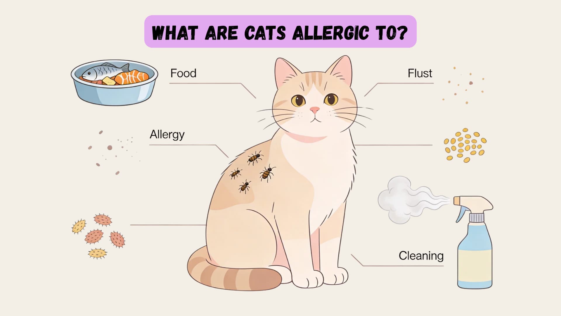 Illustration of a cat surrounded by labeled allergy triggers including food bowl with fish and chicken, fleas, dust particles, pollen, cleaning spray bottle