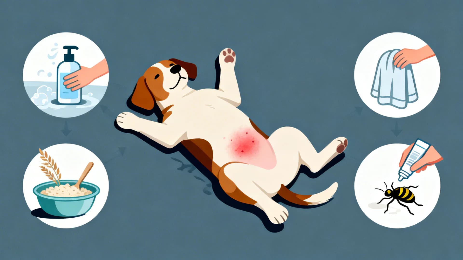 Illustration of a dog lying on its back showing a mild red rash on the belly, with step-by-step care scenes around it, including gentle bathing with dog shampoo