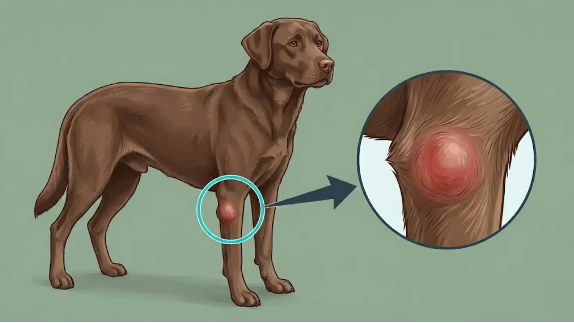 Illustration of a dog with highlighted skin bump and zoomed view showing swollen lump on leg